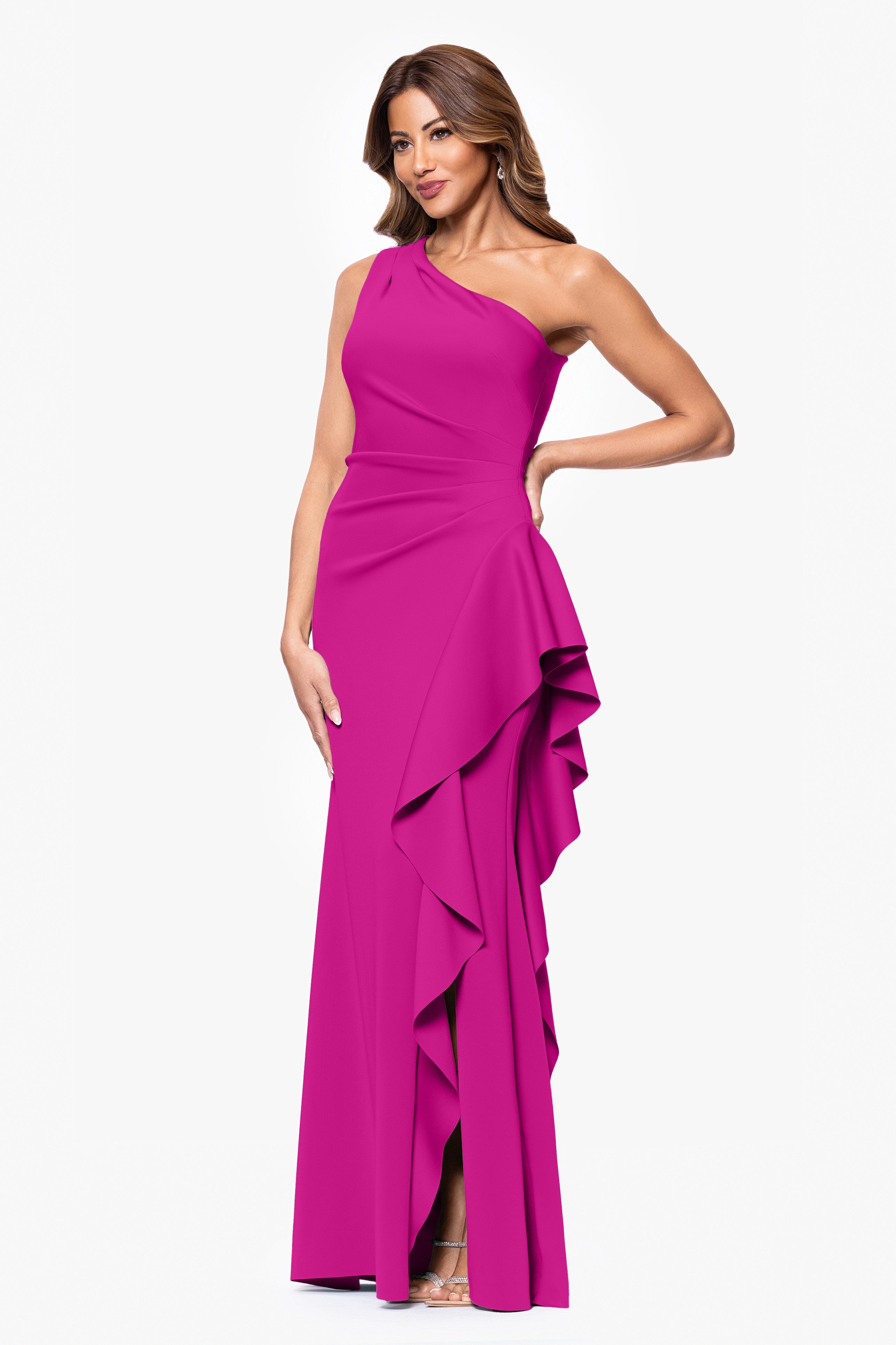 Petite "Flo" Long Techno Scuba One Shoulder Ruffle Dress