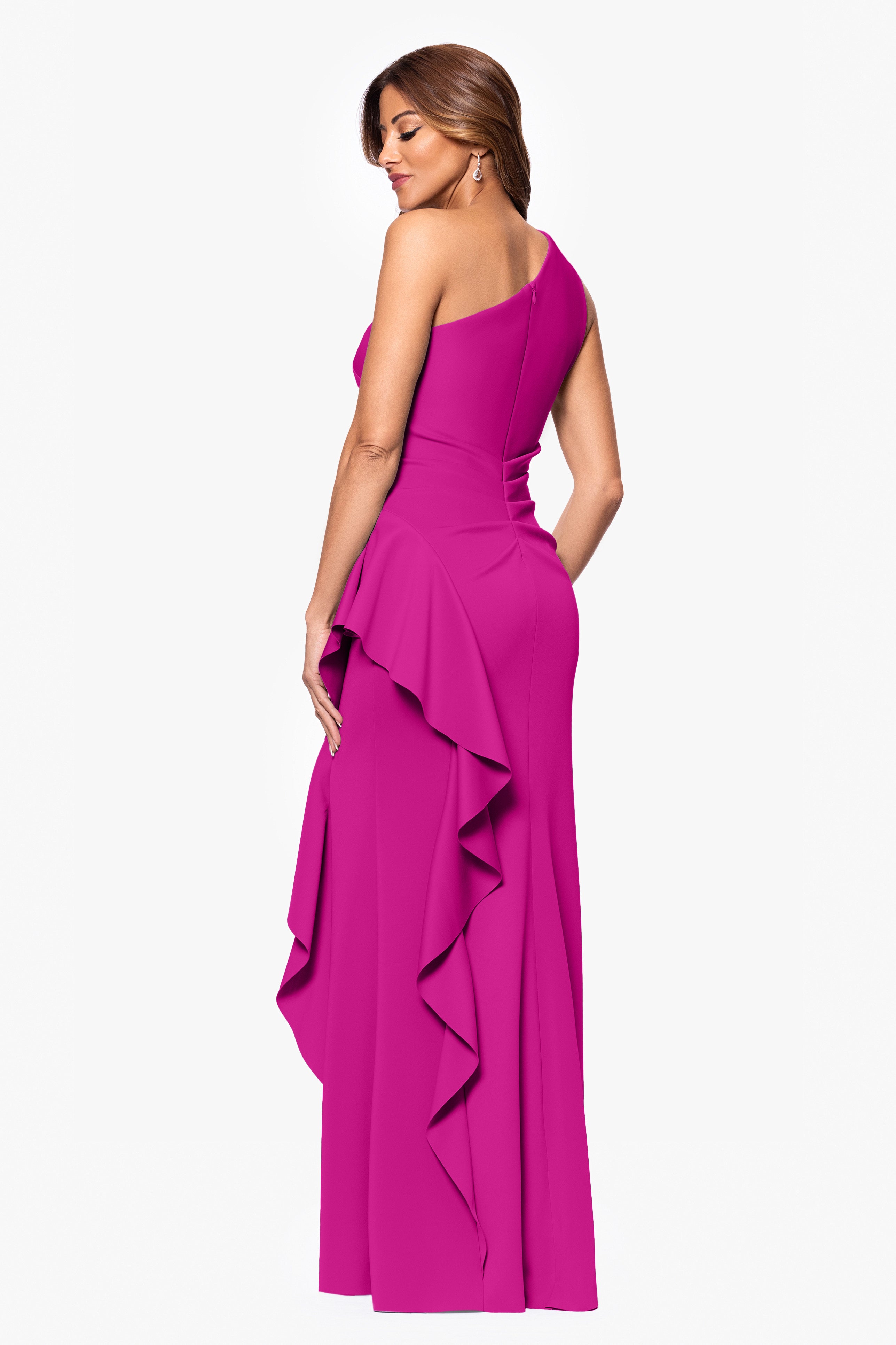 "Flo" Long Techno Scuba One Shoulder Ruffle Dress