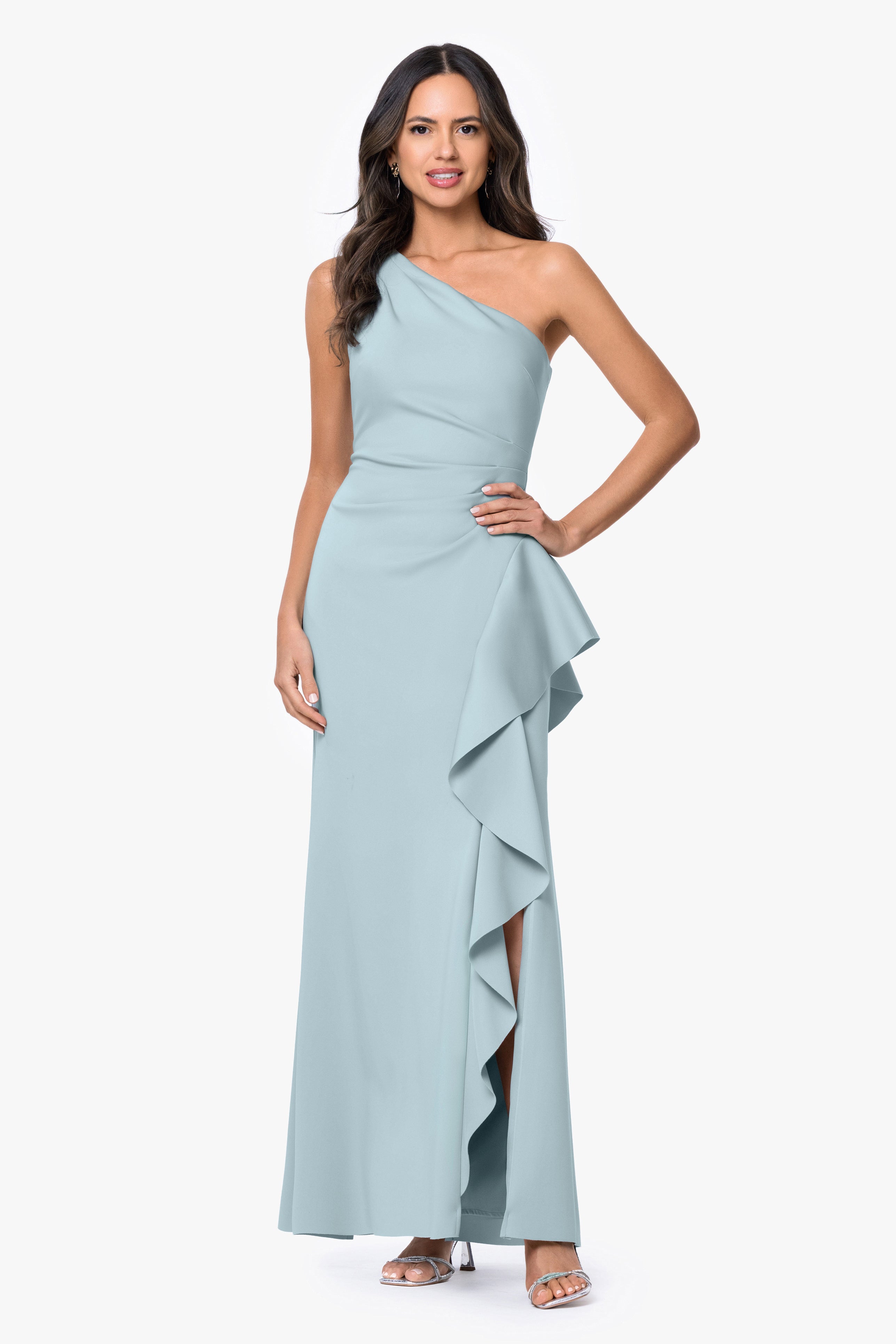 "Flo" Long Techno Scuba One Shoulder Ruffle Dress