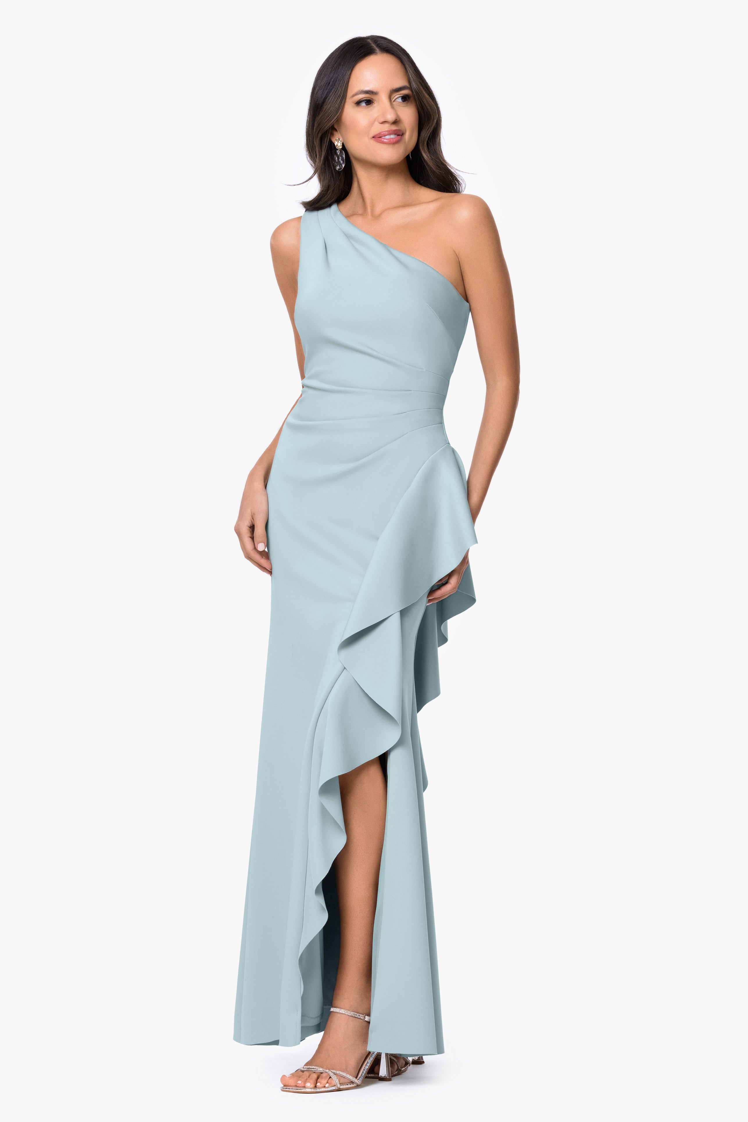 Petite "Flo" Long Techno Scuba One Shoulder Ruffle Dress