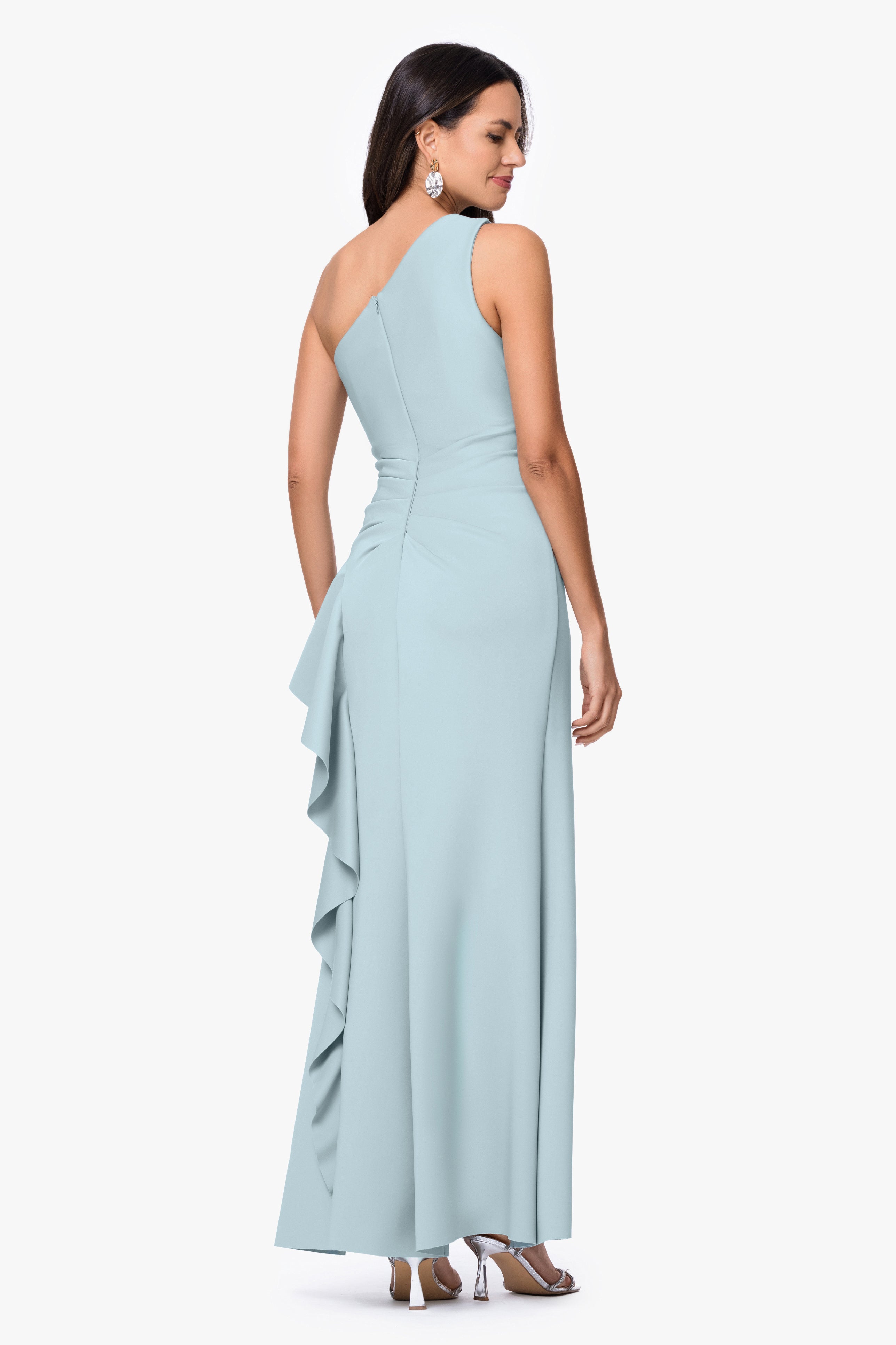 Petite "Flo" Long Techno Scuba One Shoulder Ruffle Dress