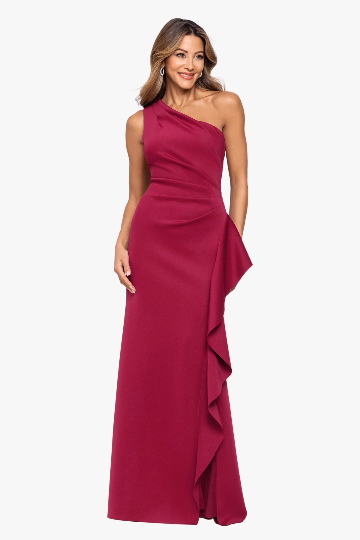 Petite "Flo" Long Techno Scuba One Shoulder Ruffle Dress