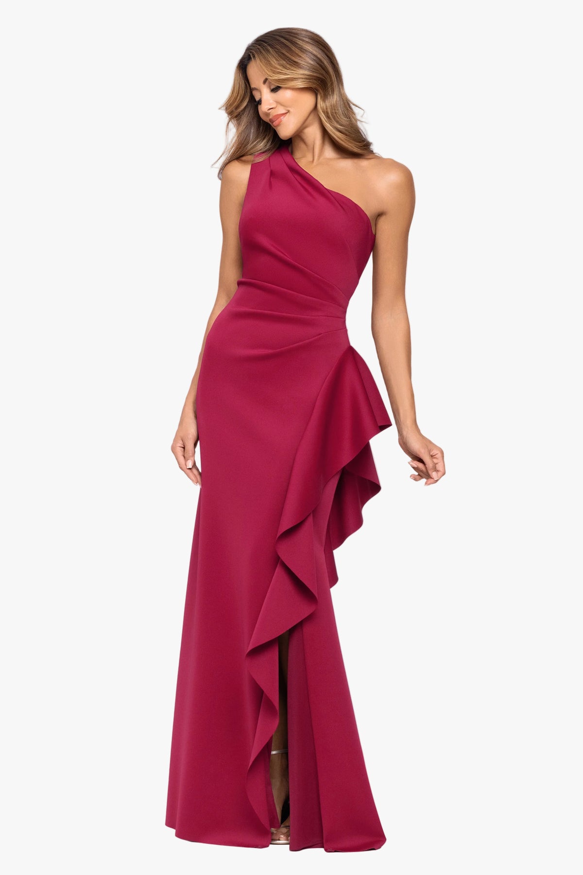 Petite "Flo" Long Techno Scuba One Shoulder Ruffle Dress