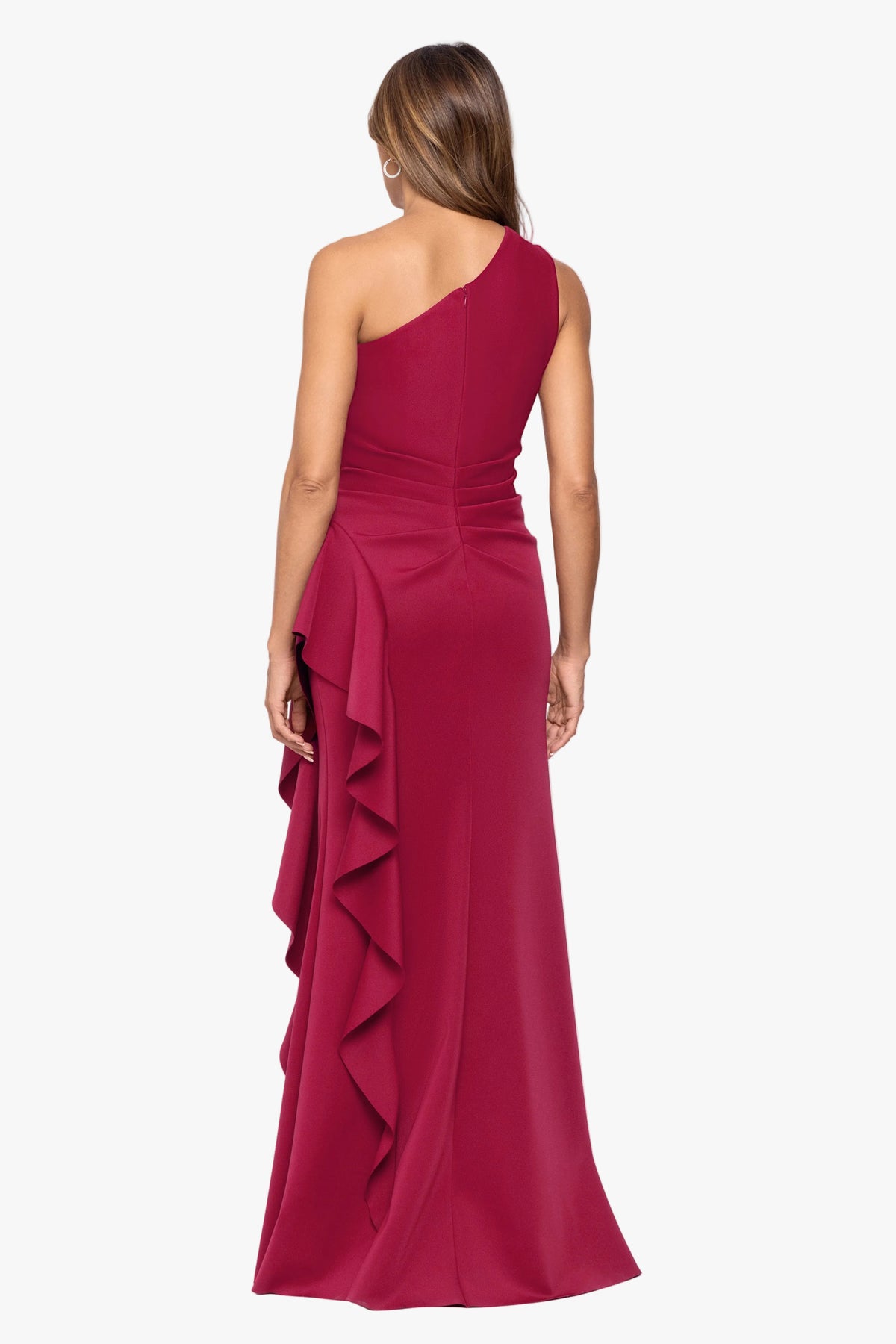Petite "Flo" Long Techno Scuba One Shoulder Ruffle Dress