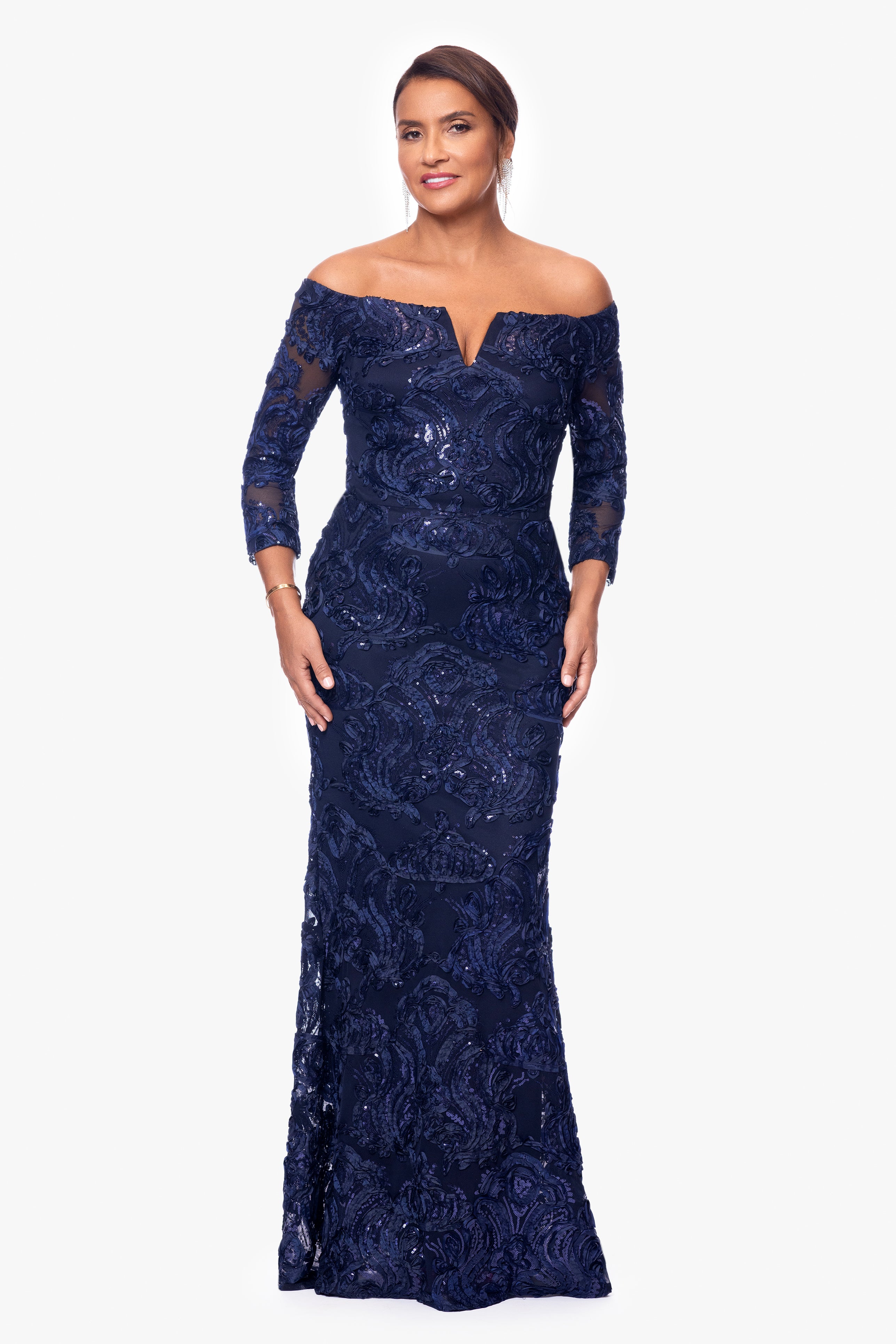 "Wilma" 3/4 Sleeve Soutache Lace Off the Shoulder Gown