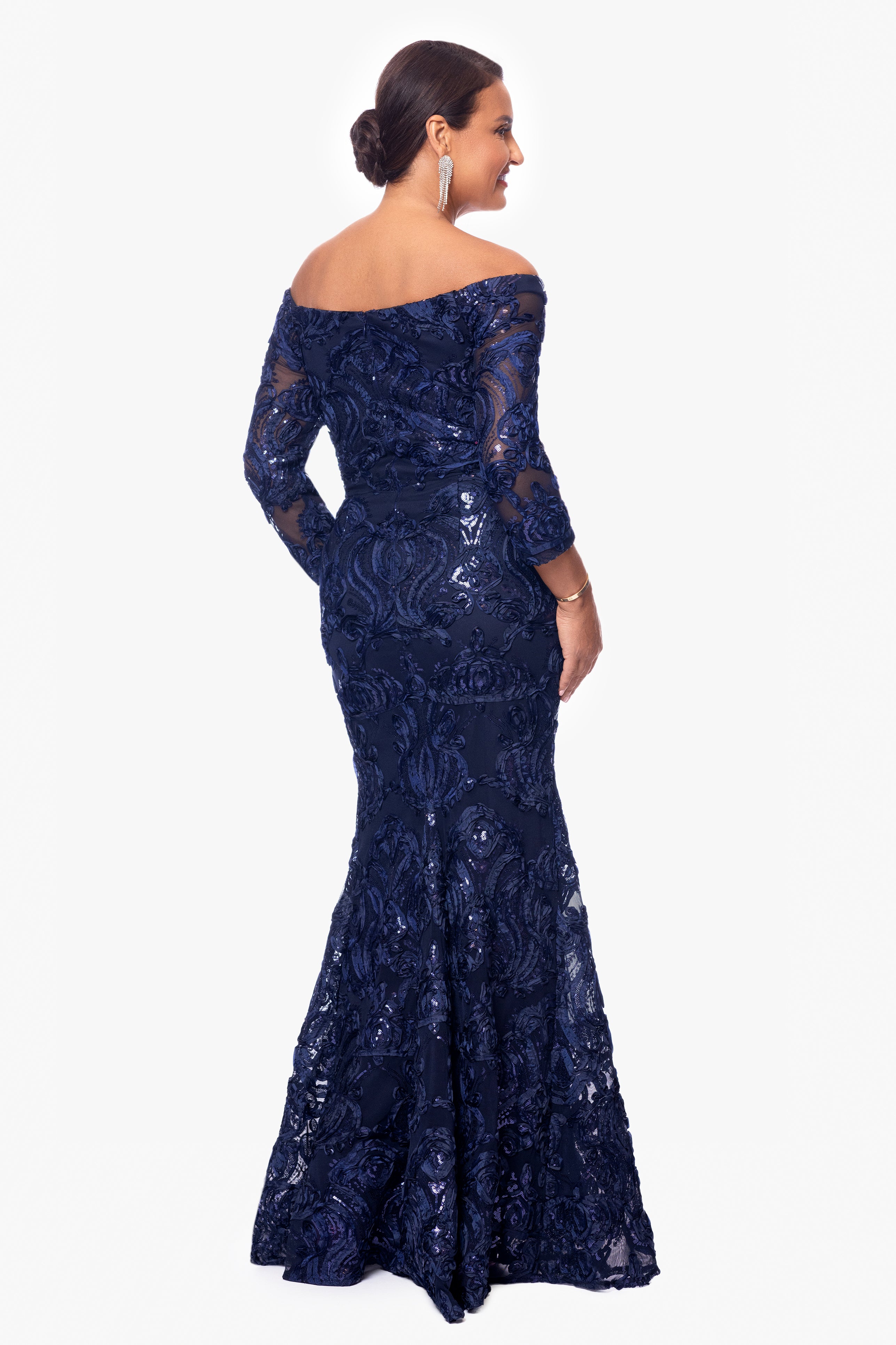 "Wilma" 3/4 Sleeve Soutache Lace Off the Shoulder Gown