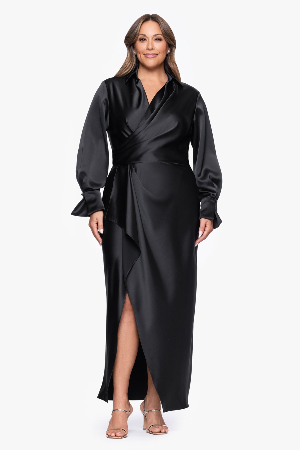 Plus "Emery" Satin Long Sleeve Collared Dress