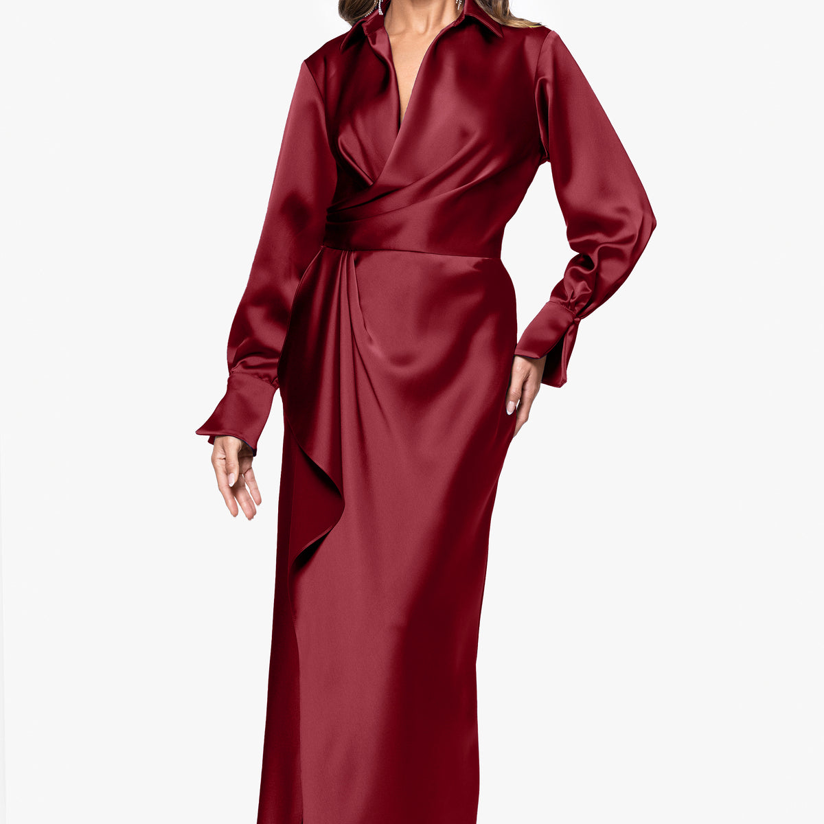 Petite Emery Long Satin Long Sleeve Collared Dress Wine / 12P