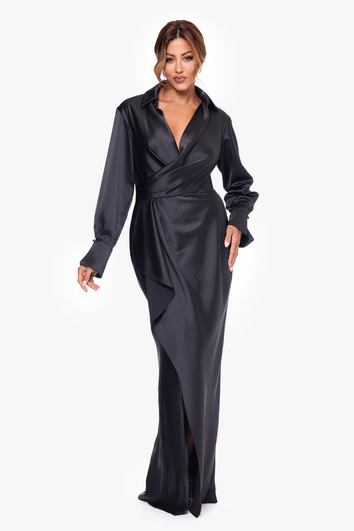 "Emery" Long Satin Long Sleeve Collared Dress