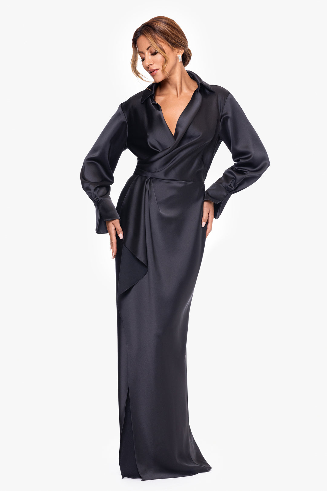 "Emery" Long Satin Long Sleeve Collared Dress