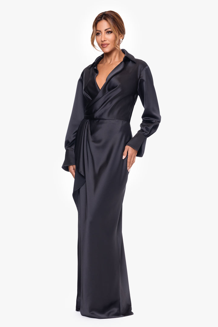 "Emery" Long Satin Long Sleeve Collared Dress