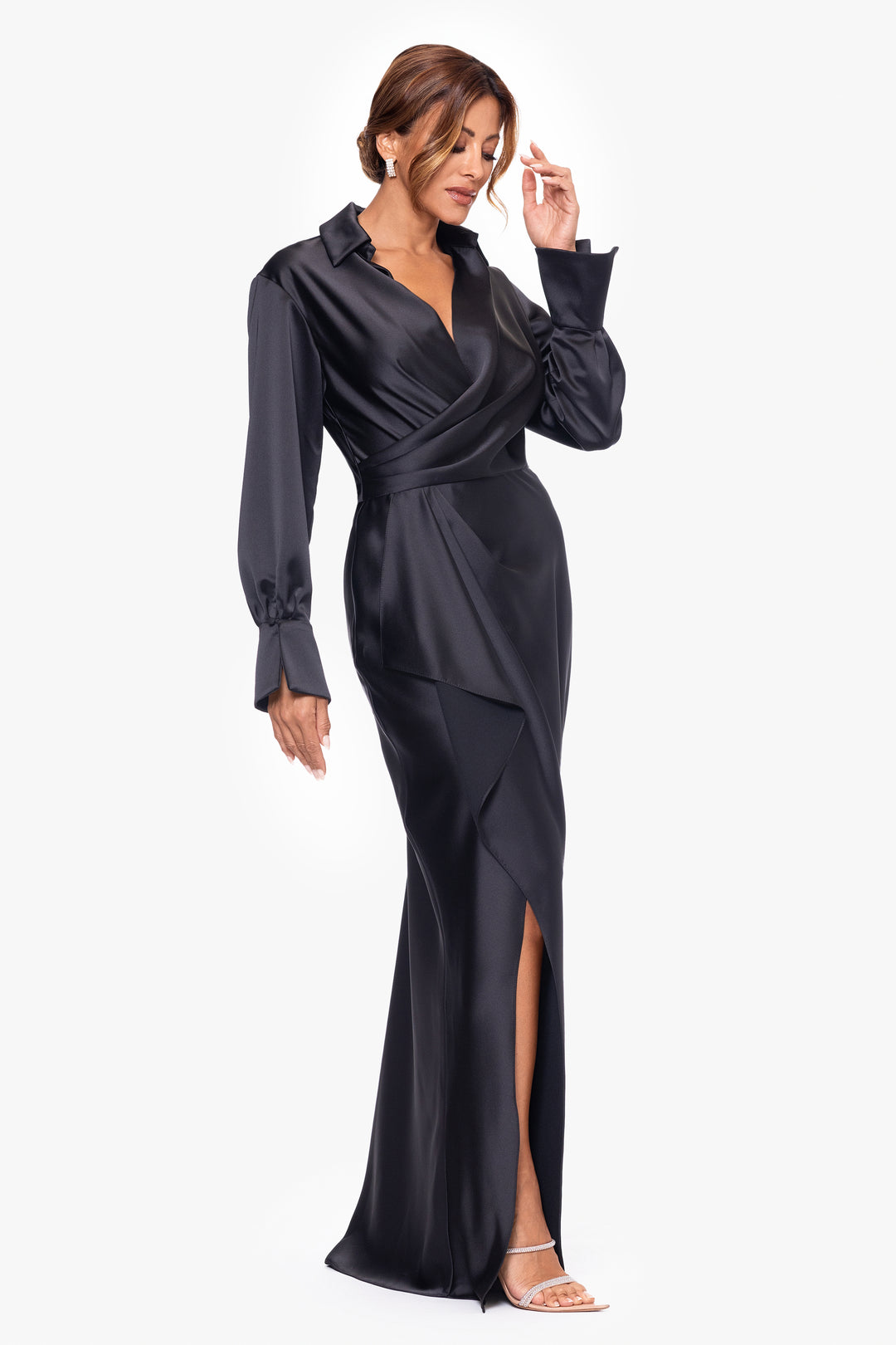 "Emery" Long Satin Long Sleeve Collared Dress