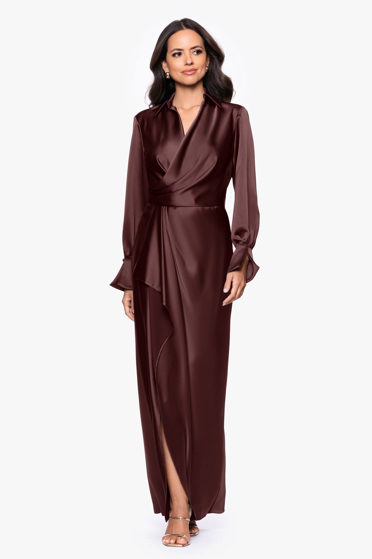 Petite "Emery" Satin Long Sleeve Collared Dress