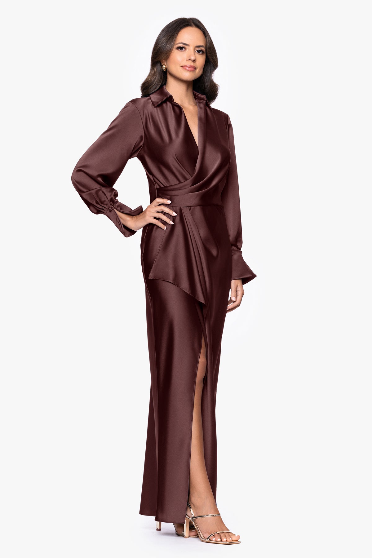 Petite "Emery" Satin Long Sleeve Collared Dress