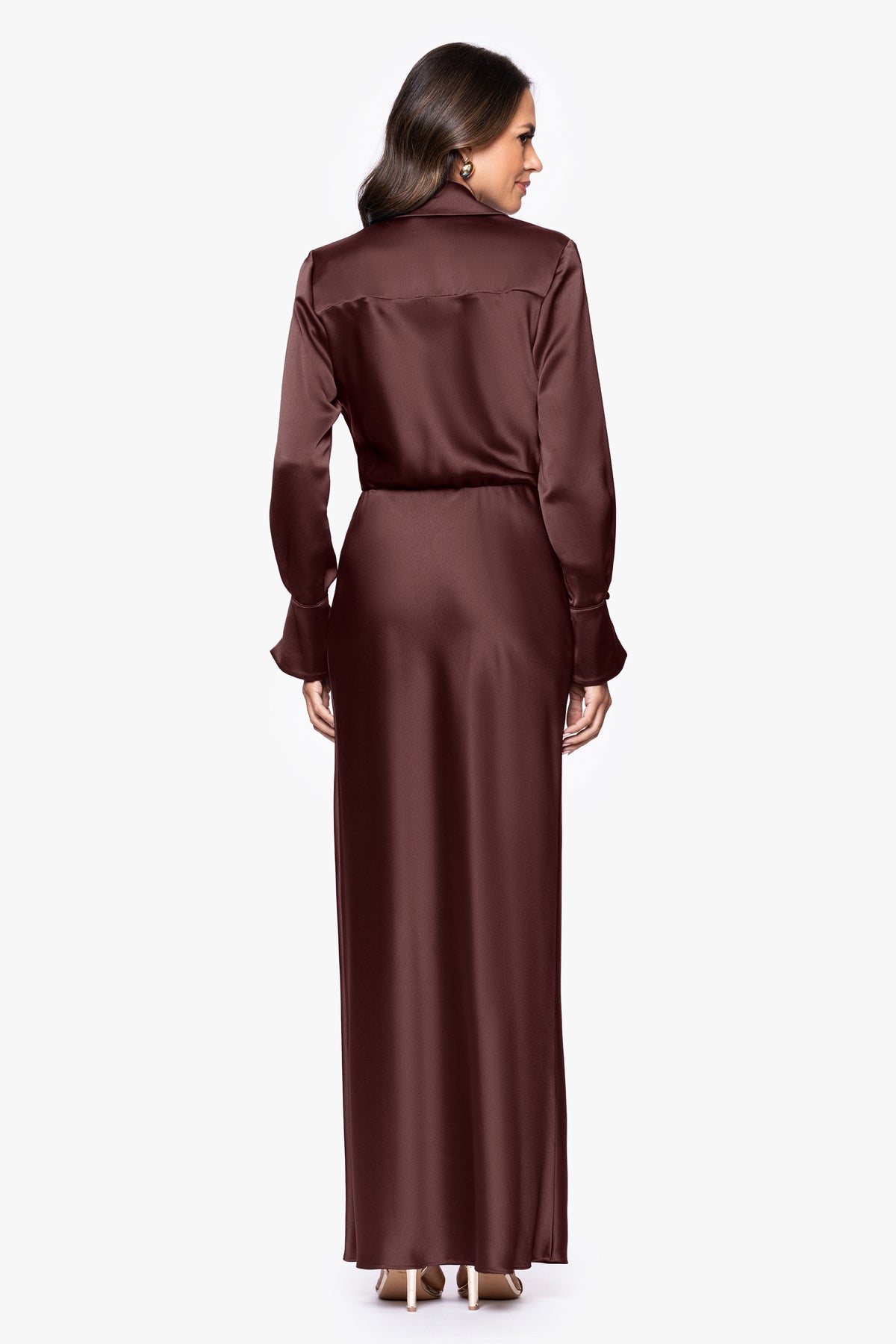 Petite "Emery" Satin Long Sleeve Collared Dress