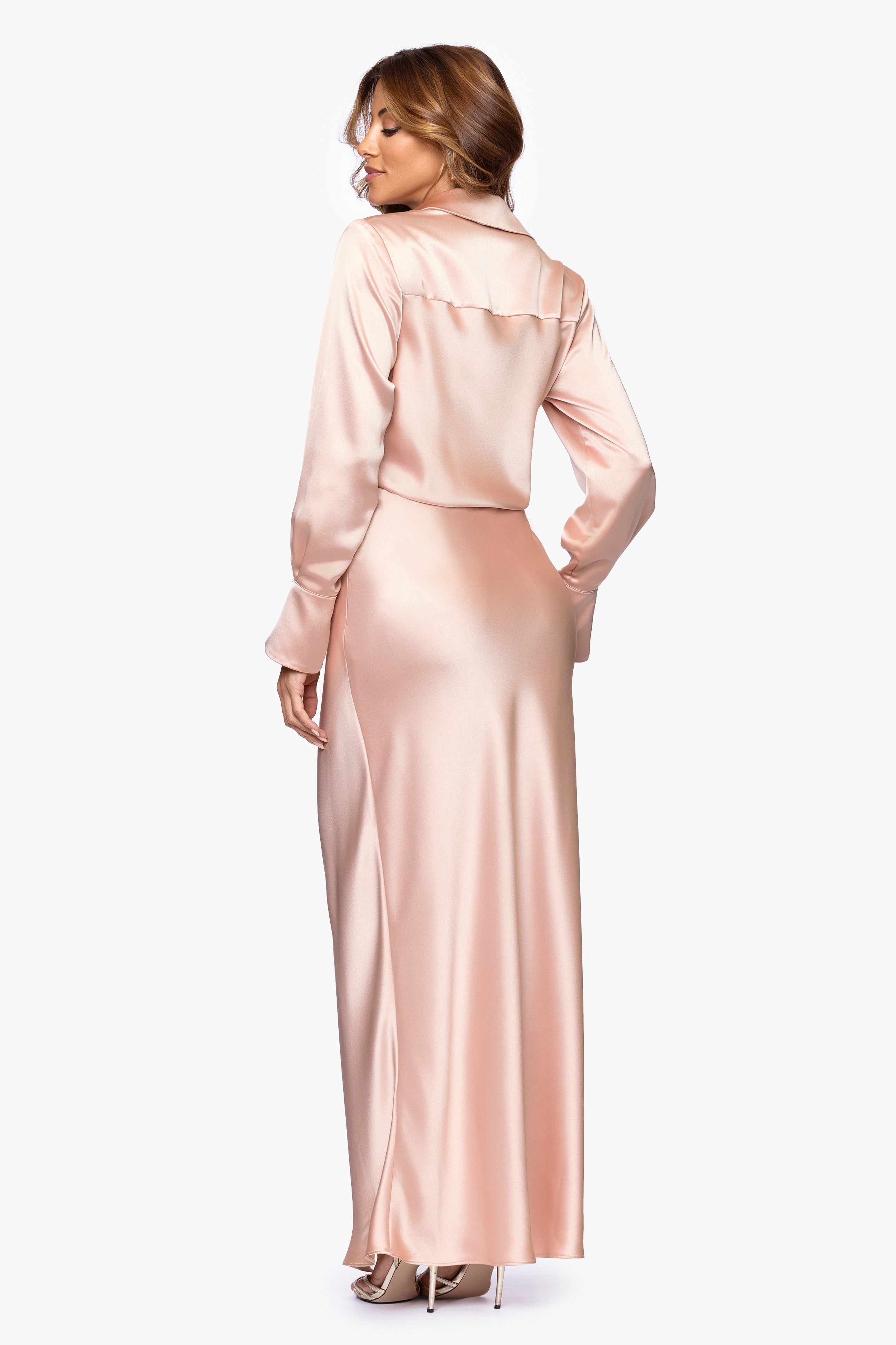"Emery" Long Satin Long Sleeve Collared Dress