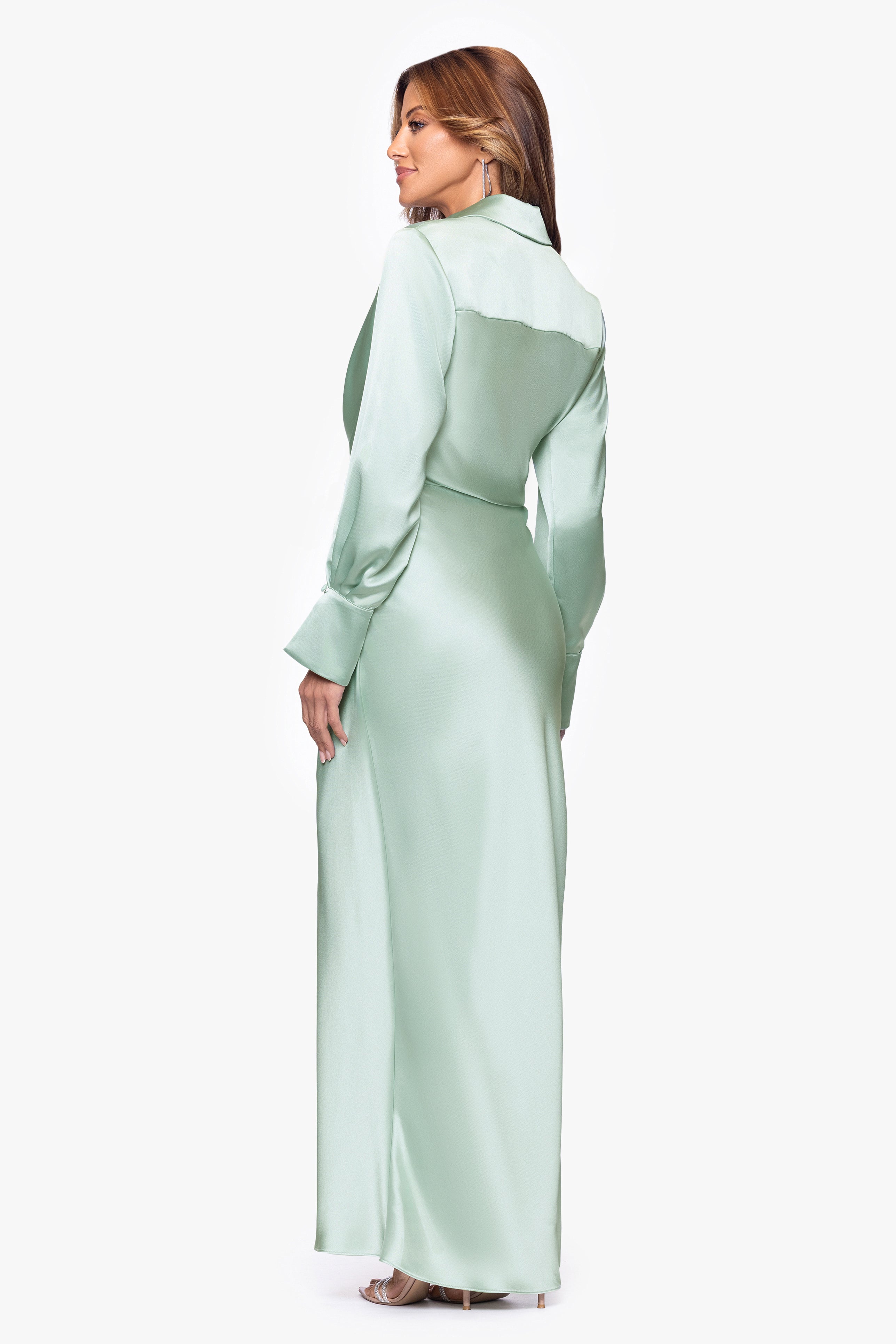 "Emery" Long Satin Long Sleeve Collared Dress