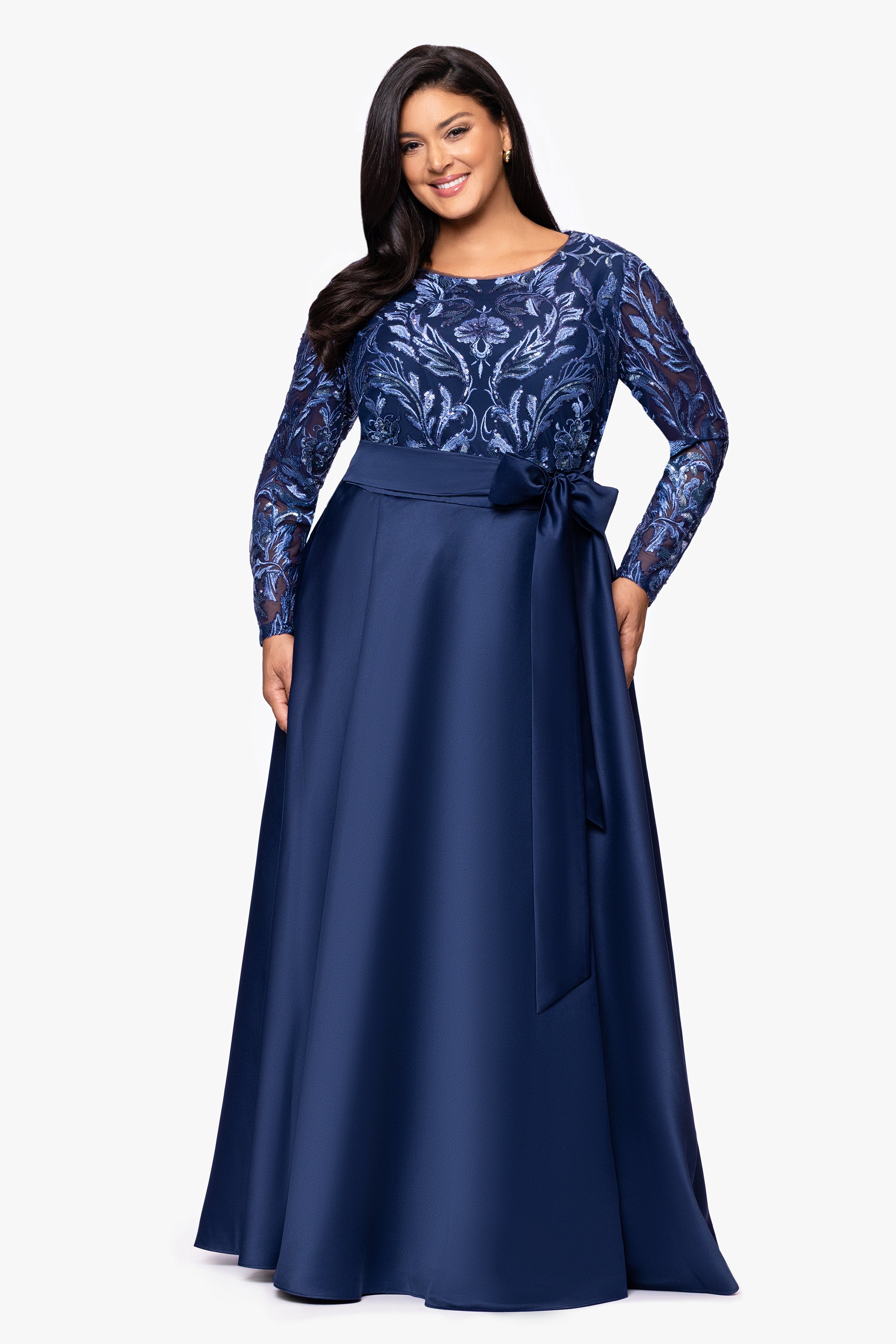 Plus "Victoria" Sequin Bodice and Satin Skirt Long Sleeve Floor Length Dress