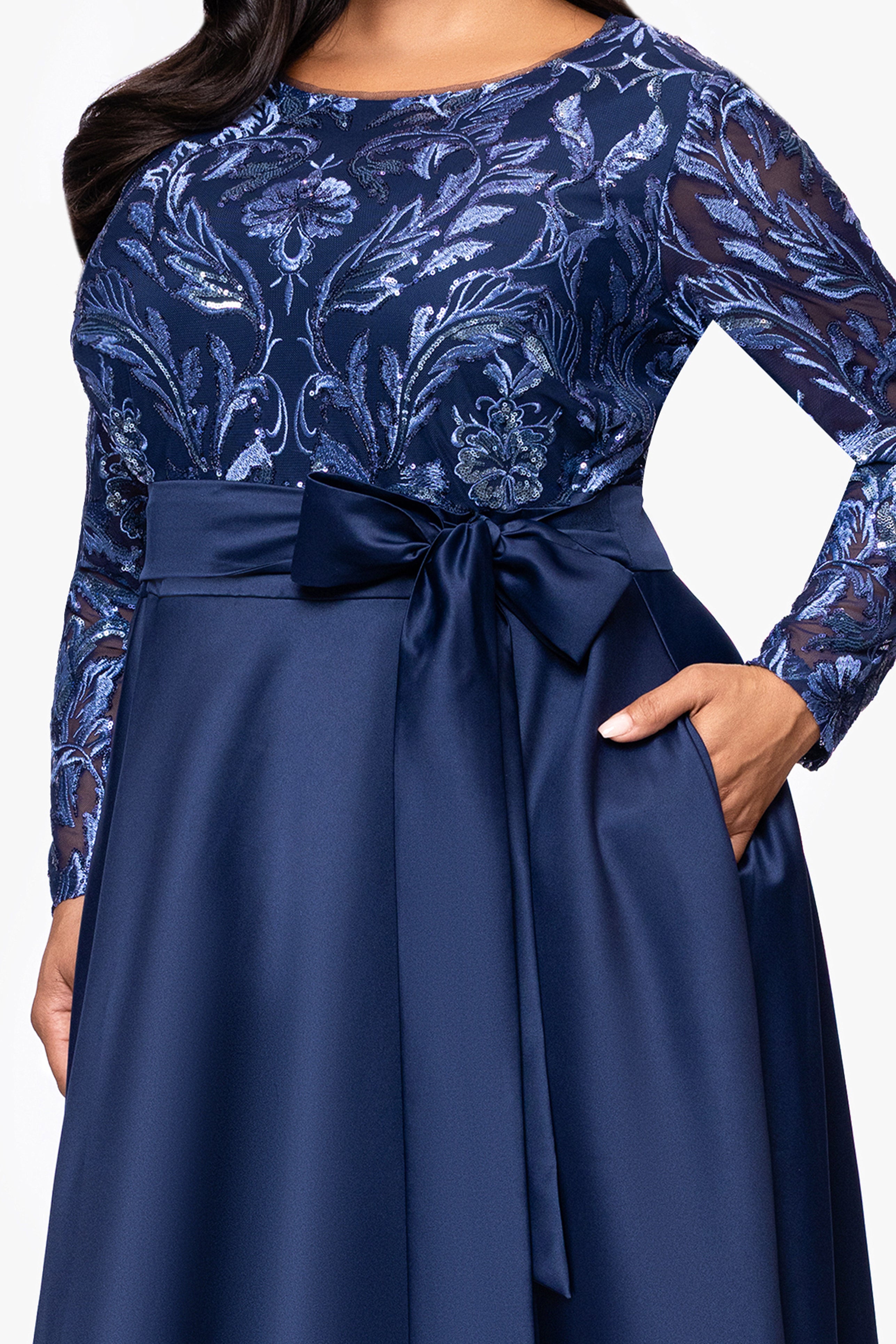 Plus "Victoria" Sequin Bodice and Satin Skirt Long Sleeve Floor Length Dress