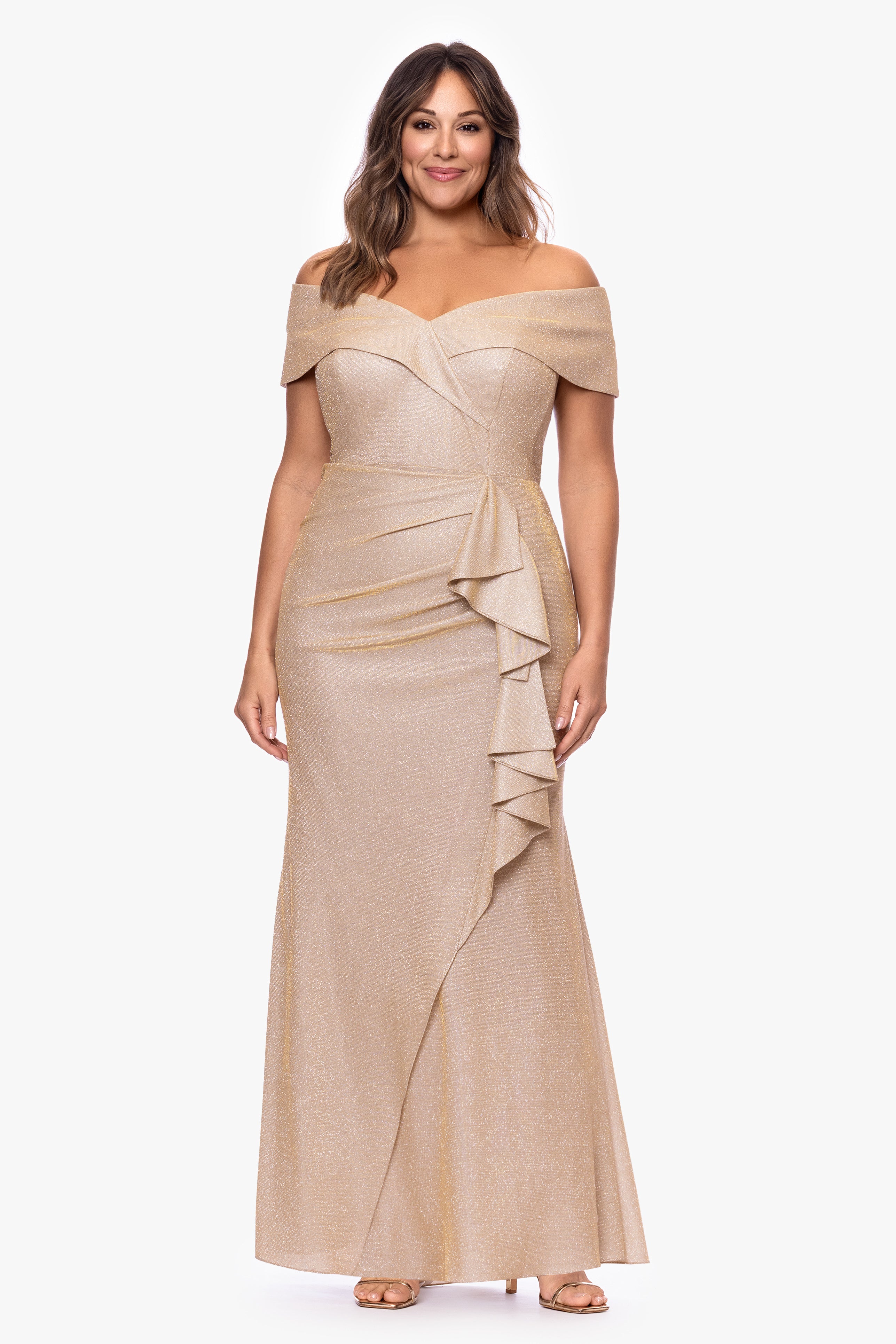 Plus "Raveena" Long Foil Knit Off the Shoulder Floor Length Ruffle Dress