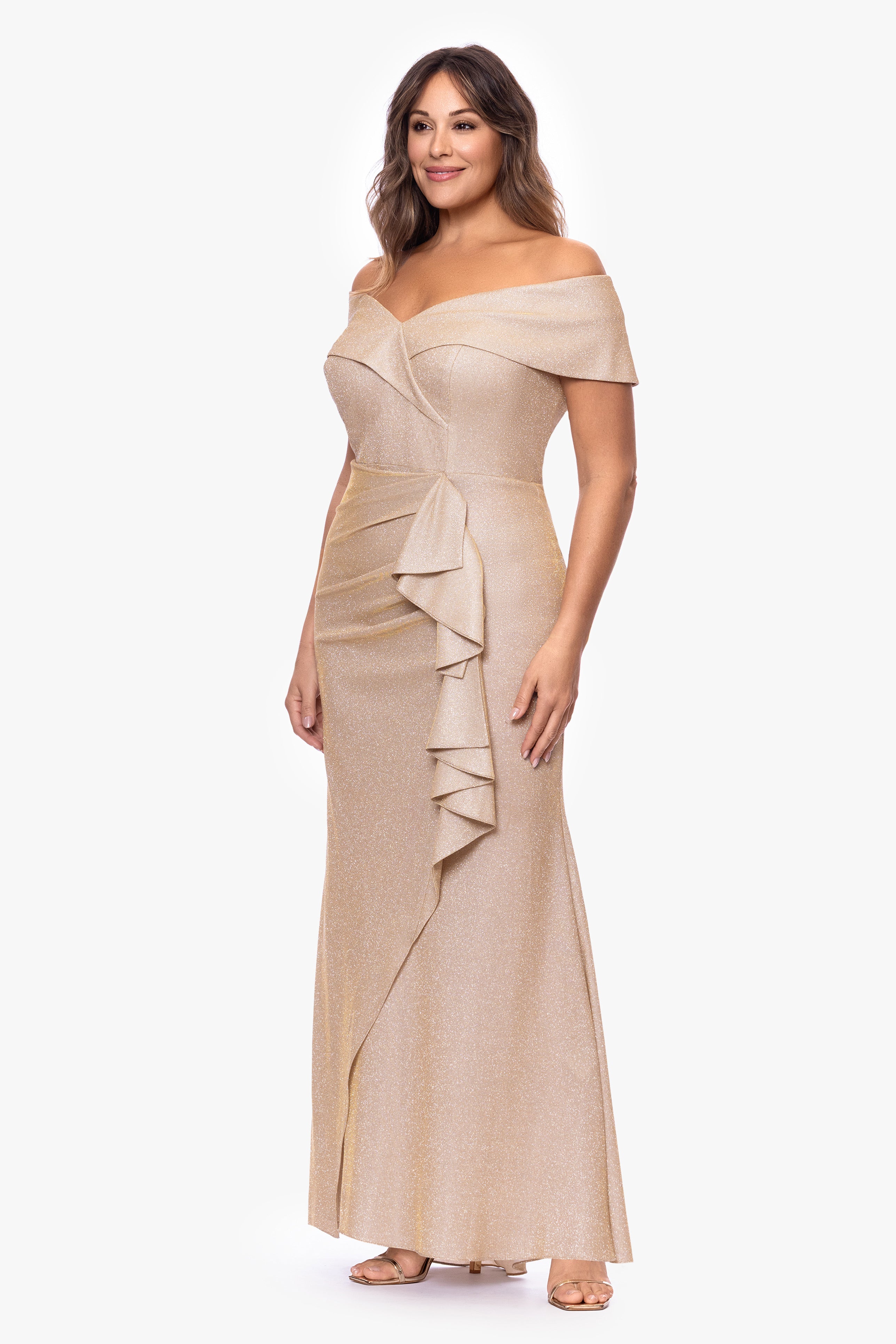 Plus "Raveena" Long Foil Knit Off the Shoulder Floor Length Ruffle Dress