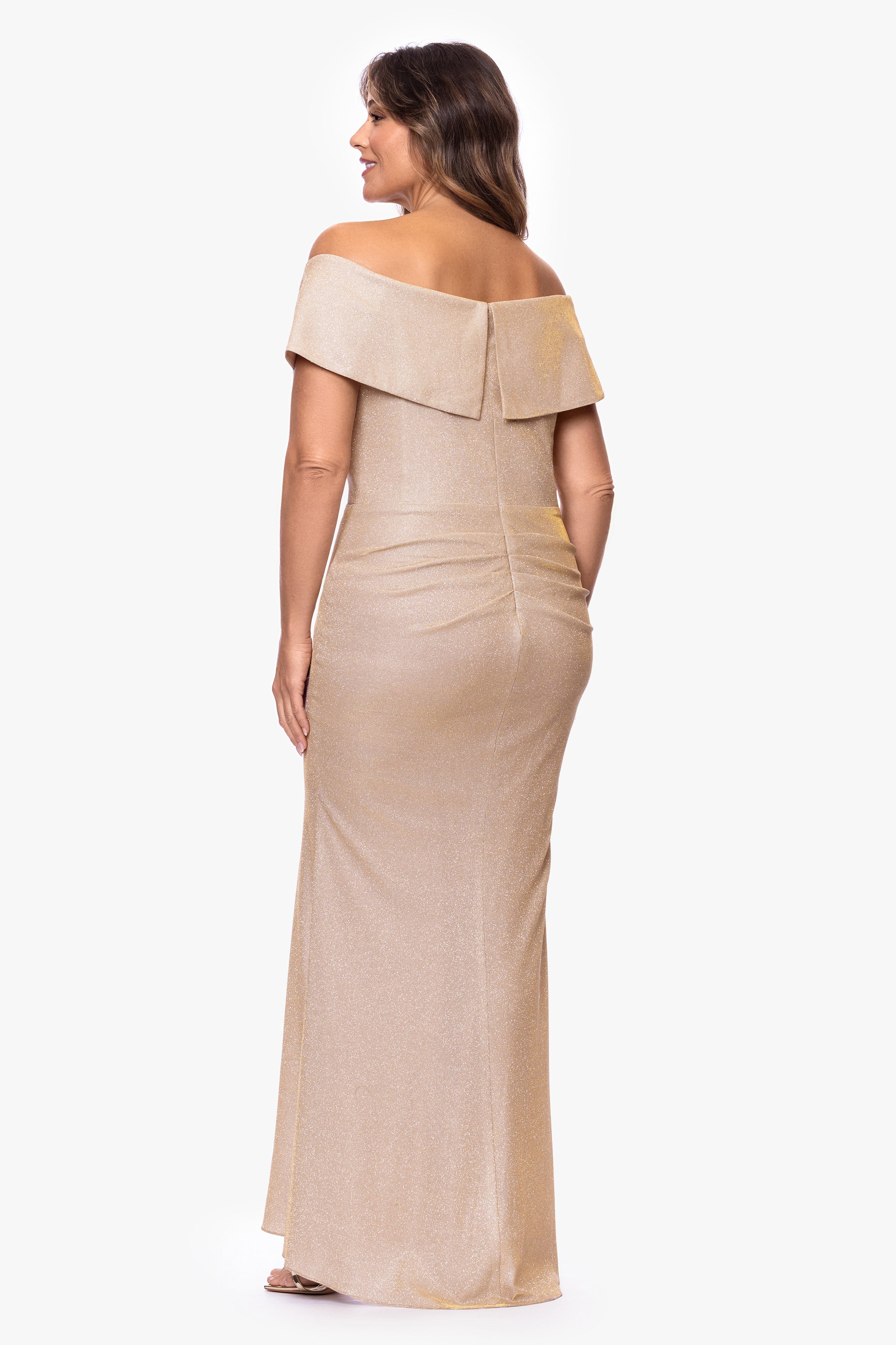 Plus "Raveena" Long Foil Knit Off the Shoulder Floor Length Ruffle Dress