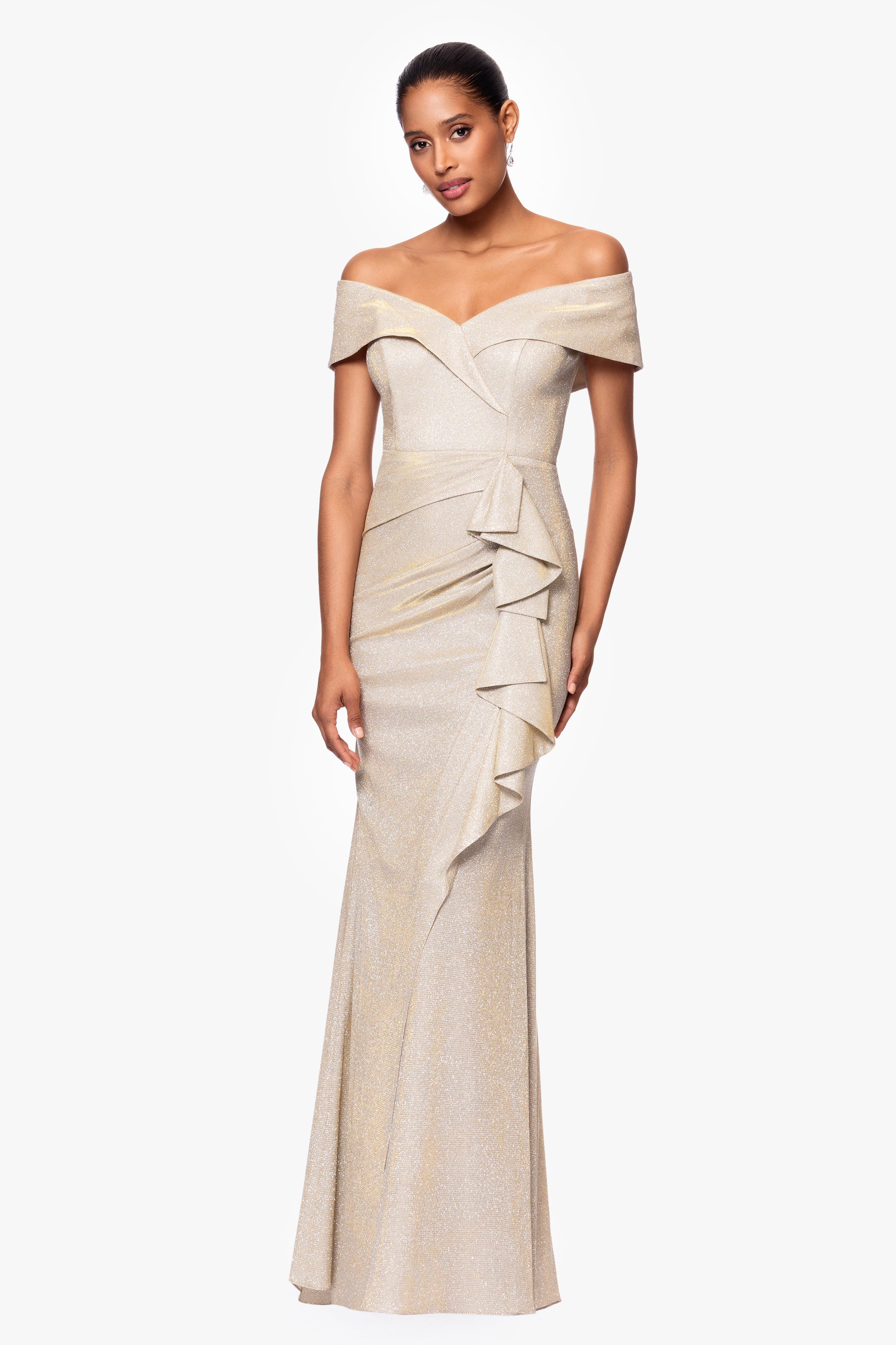 "Raveena" Long Foil Knit Off the Shoulder Floor Length Ruffle Dress