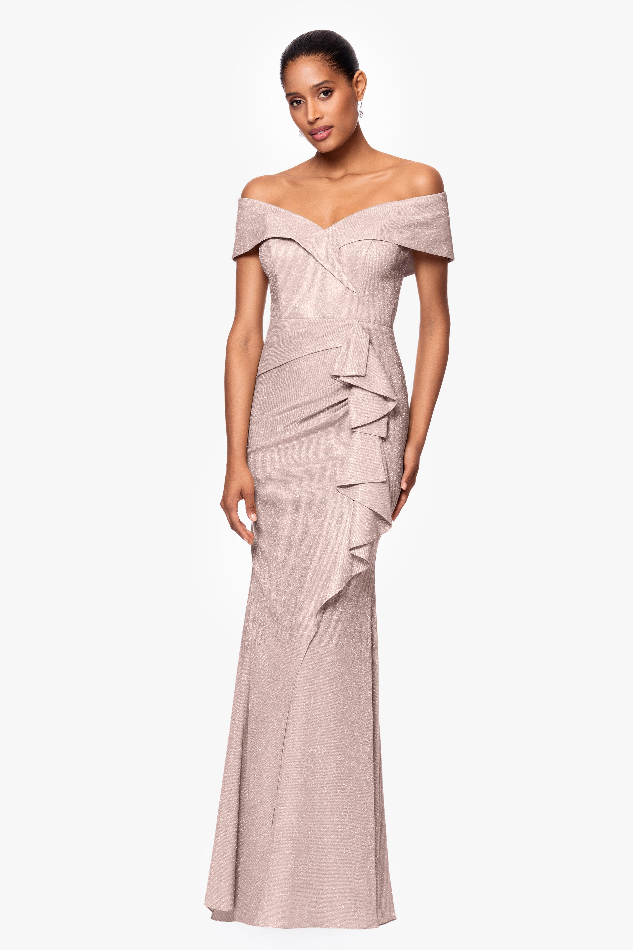 "Raveena" Long Foil Knit Off the Shoulder Floor Length Ruffle Dress