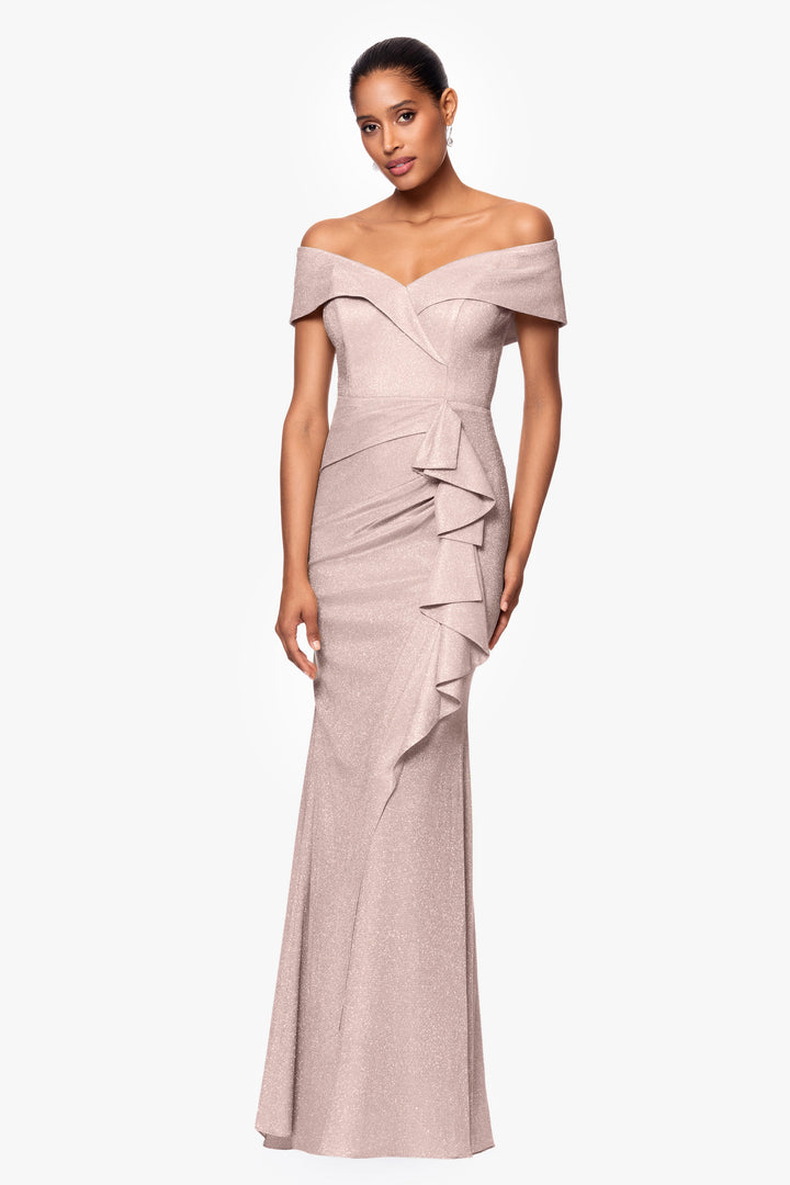 "Raveena" Long Foil Knit Off the Shoulder Floor Length Ruffle Dress