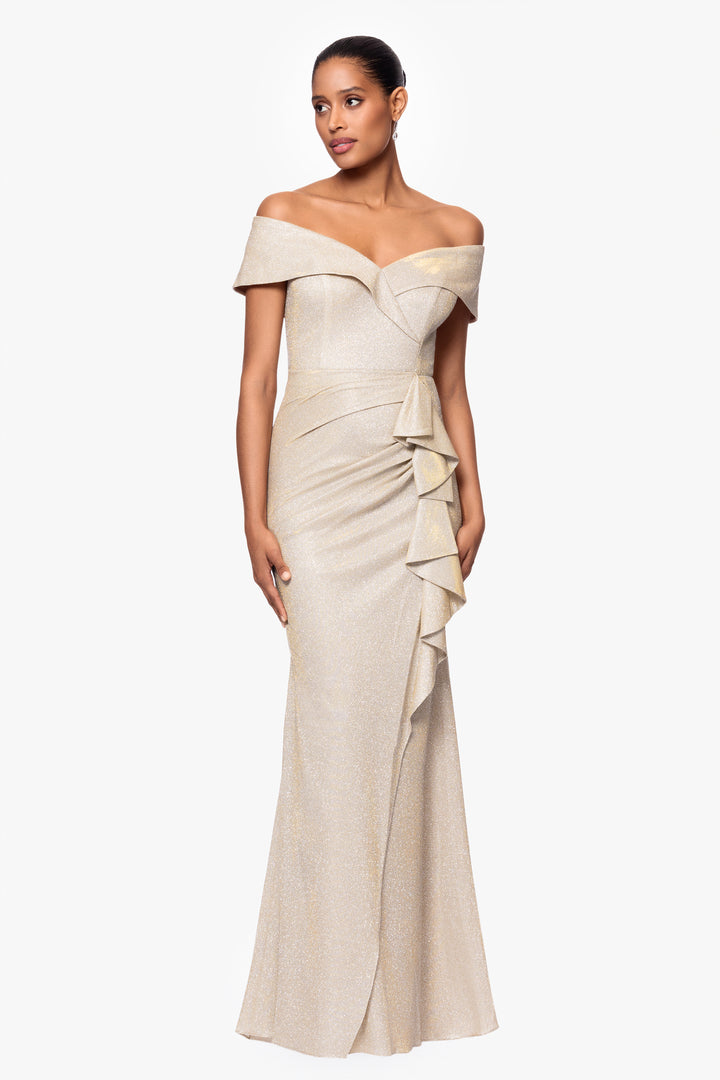 "Raveena" Long Foil Knit Off the Shoulder Floor Length Ruffle Dress