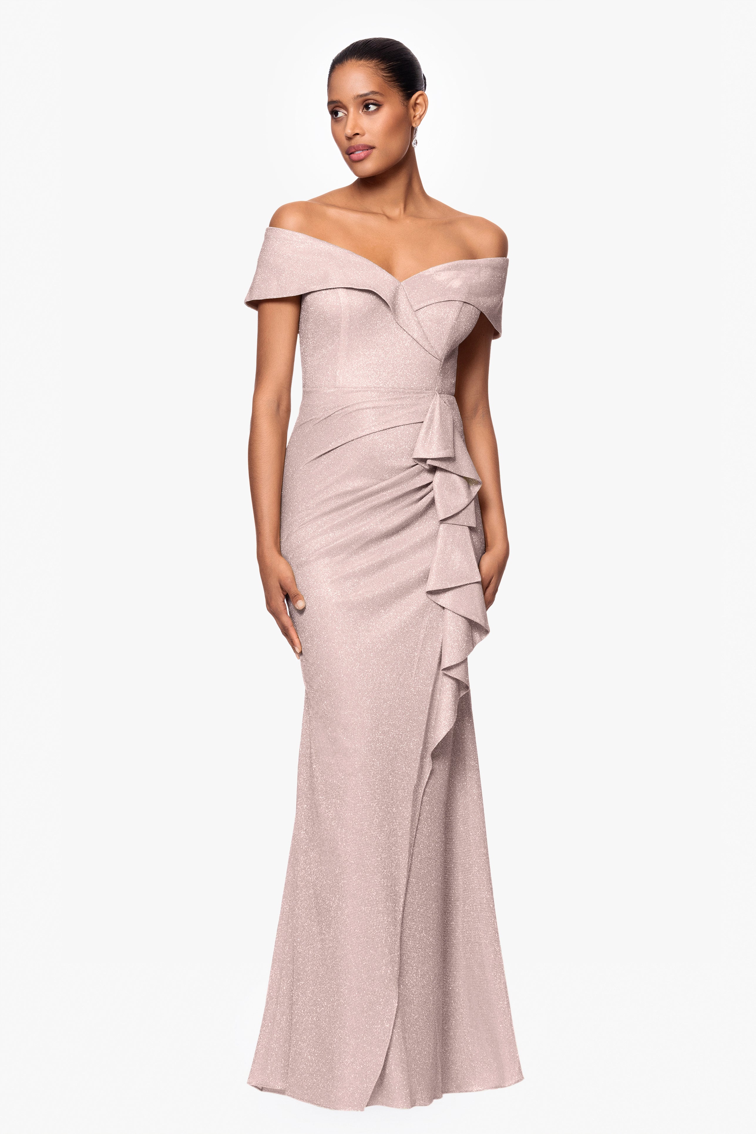 "Raveena" Long Foil Knit Off the Shoulder Floor Length Ruffle Dress