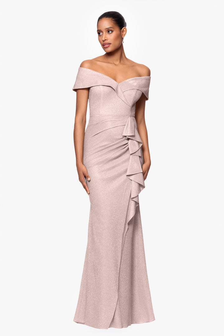 "Raveena" Long Foil Knit Off the Shoulder Floor Length Ruffle Dress