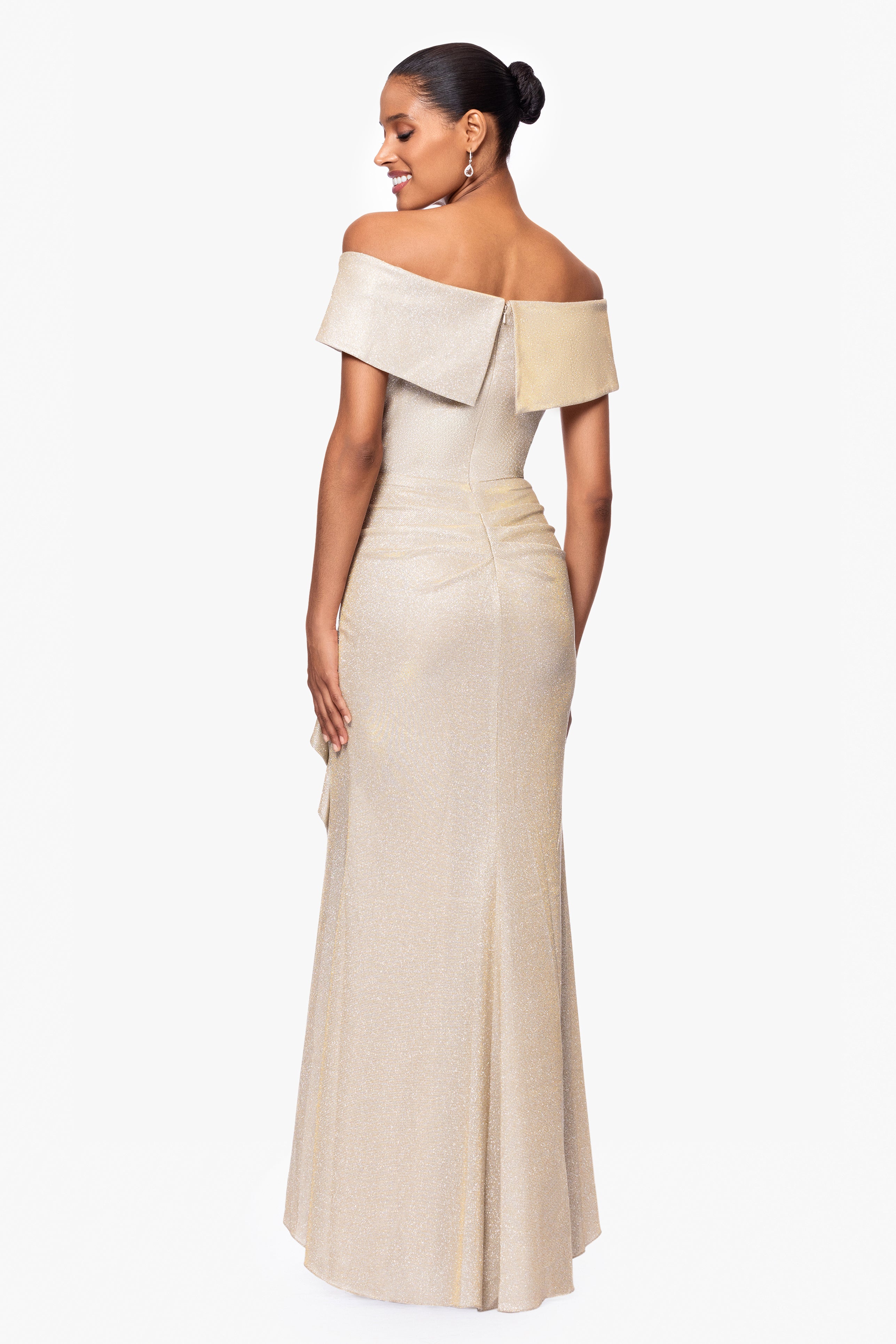 "Raveena" Long Foil Knit Off the Shoulder Floor Length Ruffle Dress