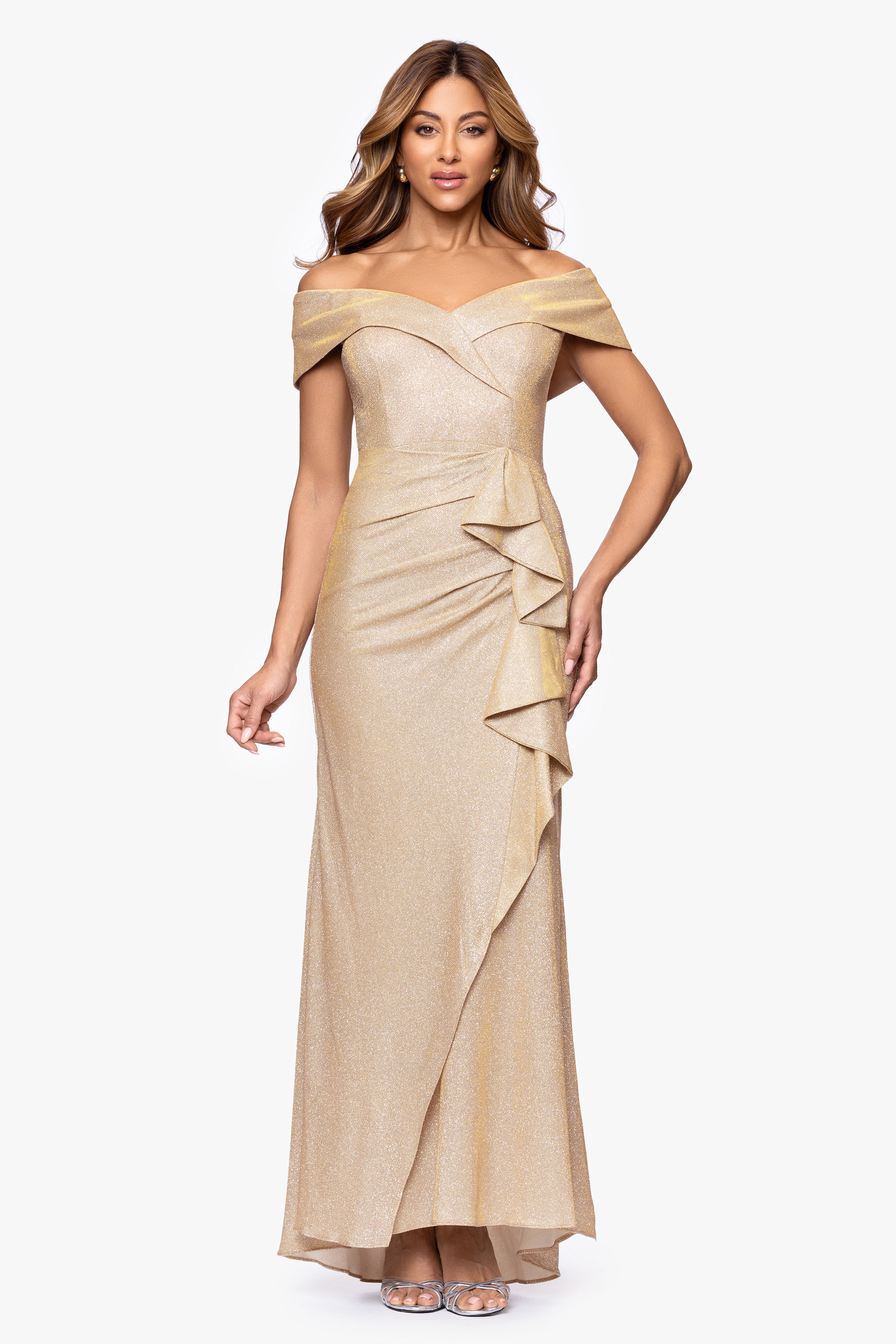 "Raveena" Long Foil Knit Off the Shoulder Floor Length Ruffle Dress