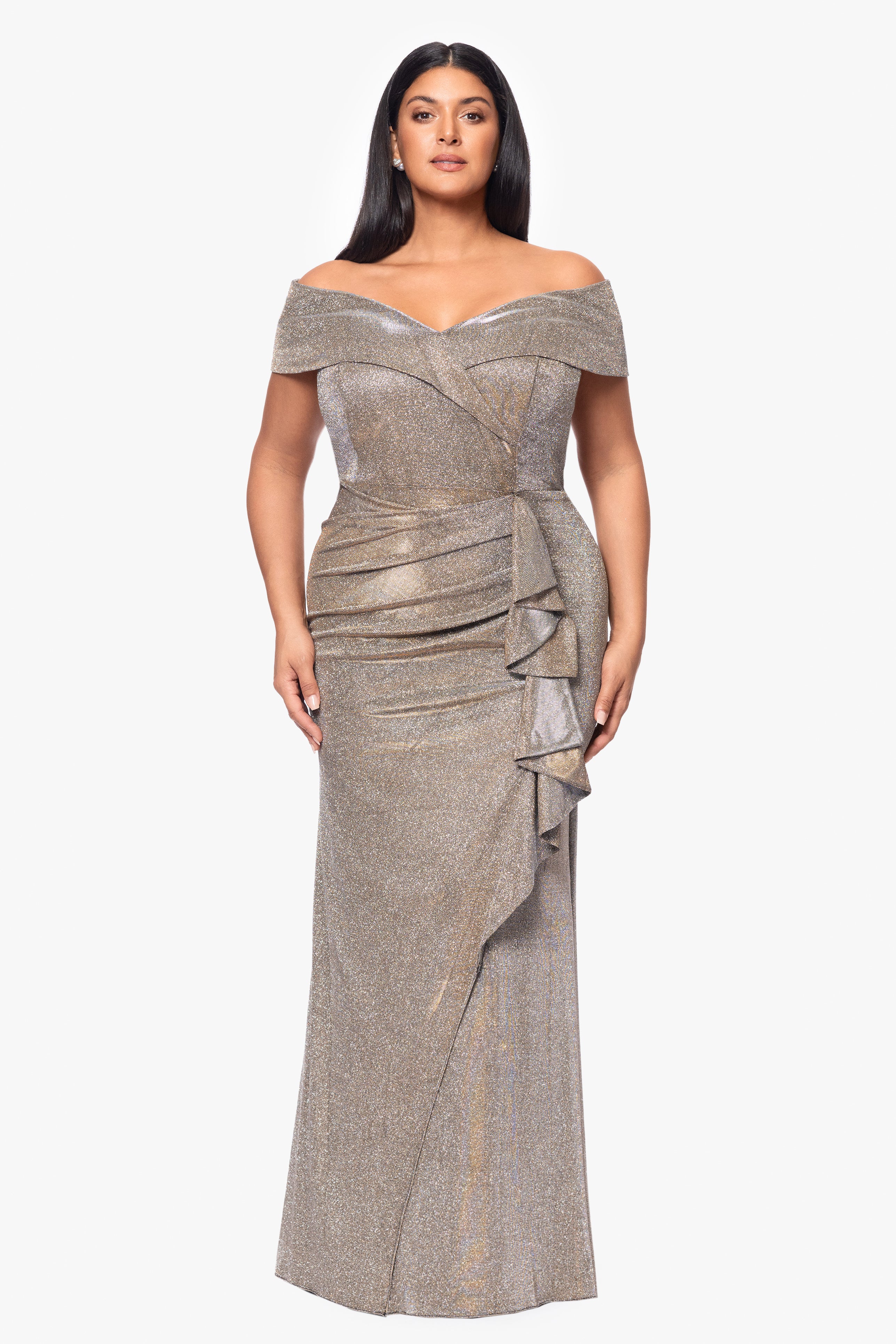 Plus "Raveena" Long Foil Knit Off the Shoulder Floor Length Ruffle Dress