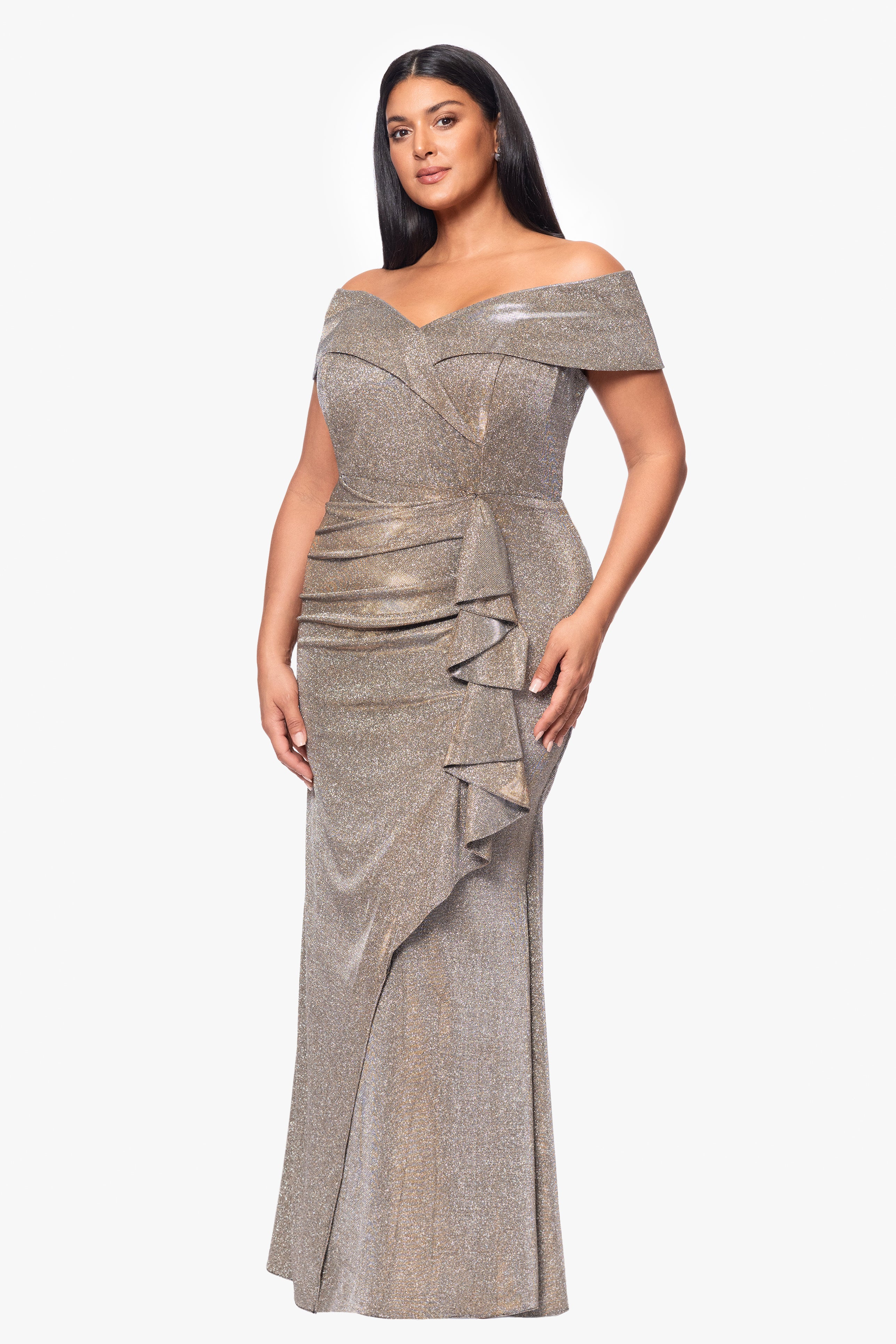 Plus "Raveena" Long Foil Knit Off the Shoulder Floor Length Ruffle Dress