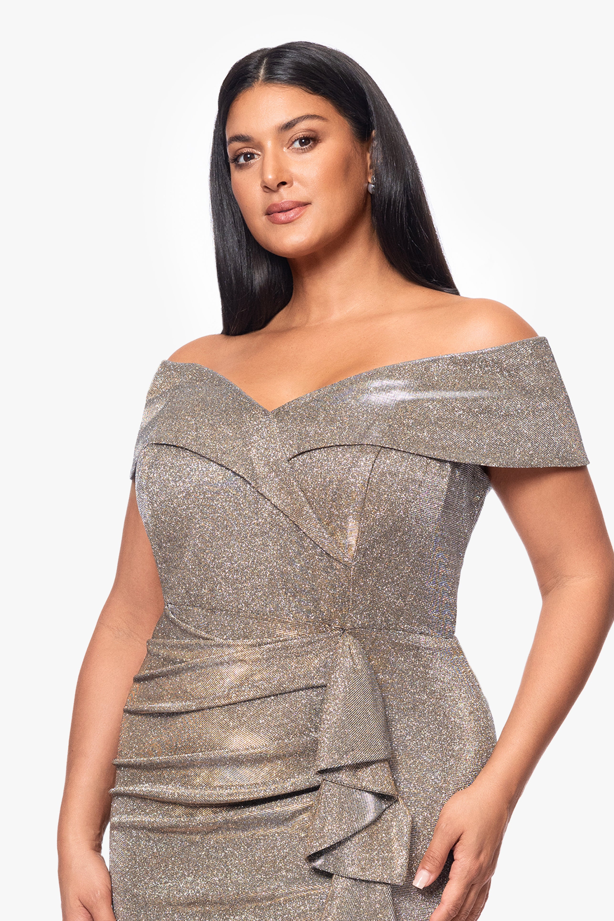 Plus "Raveena" Long Foil Knit Off the Shoulder Floor Length Ruffle Dress