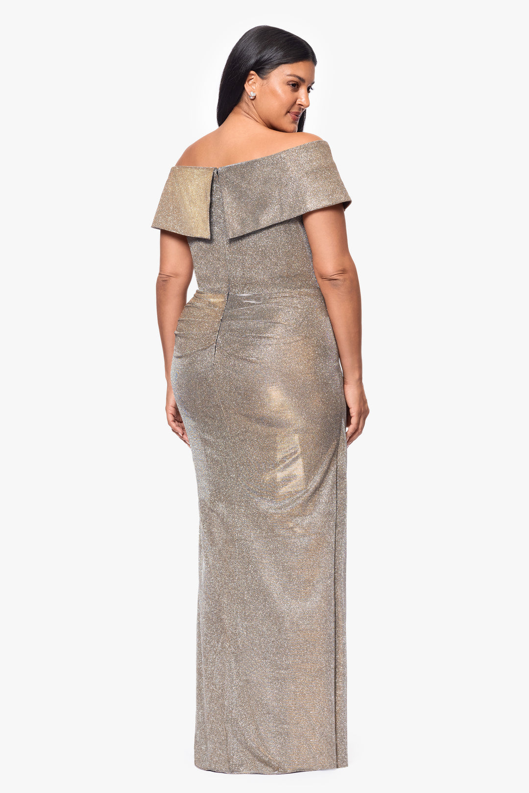 Plus "Raveena" Long Foil Knit Off the Shoulder Floor Length Ruffle Dress