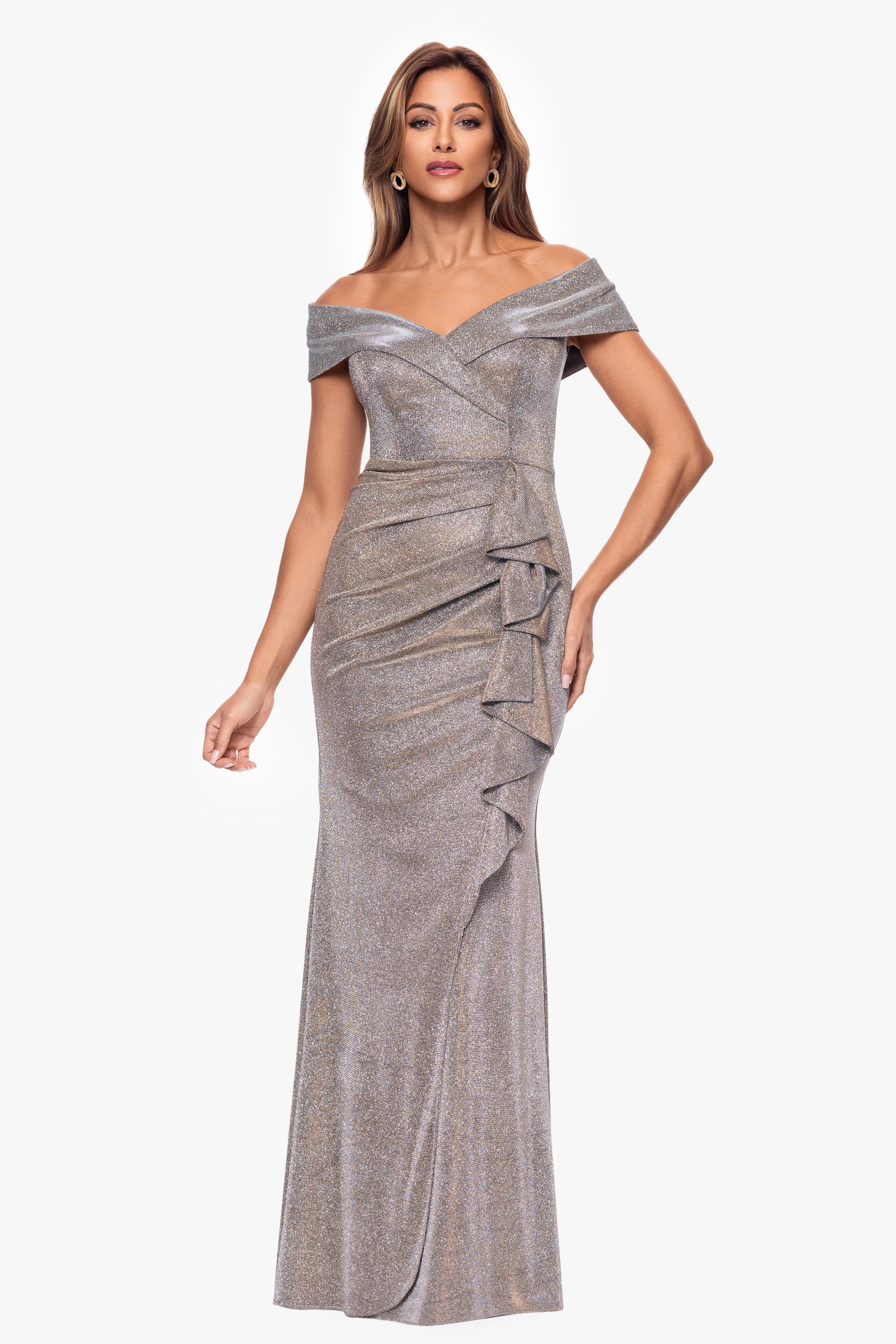 Petite "Raveena" Long Foil Knit Off the Shoulder Floor Length Ruffle Dress