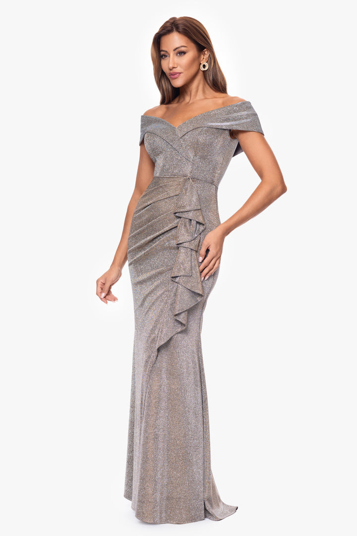 Petite "Raveena" Long Foil Knit Off the Shoulder Floor Length Ruffle Dress