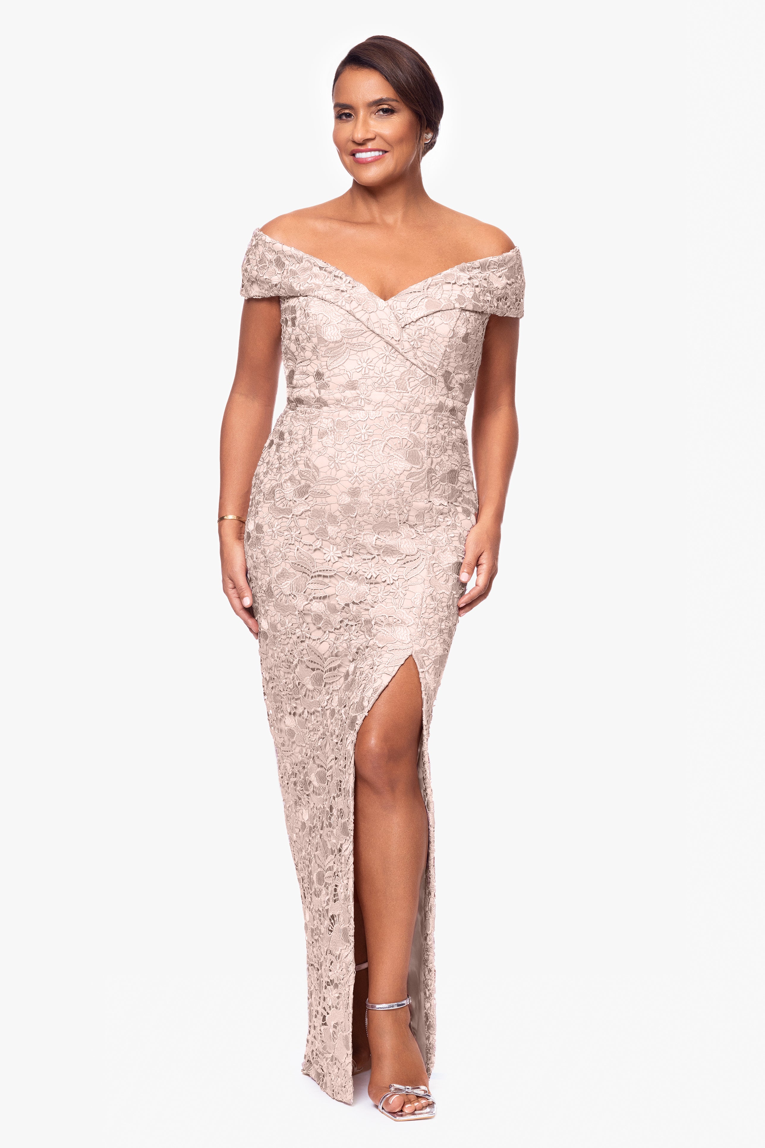 "Fleur" Floor Length Lace Off the Should Dress