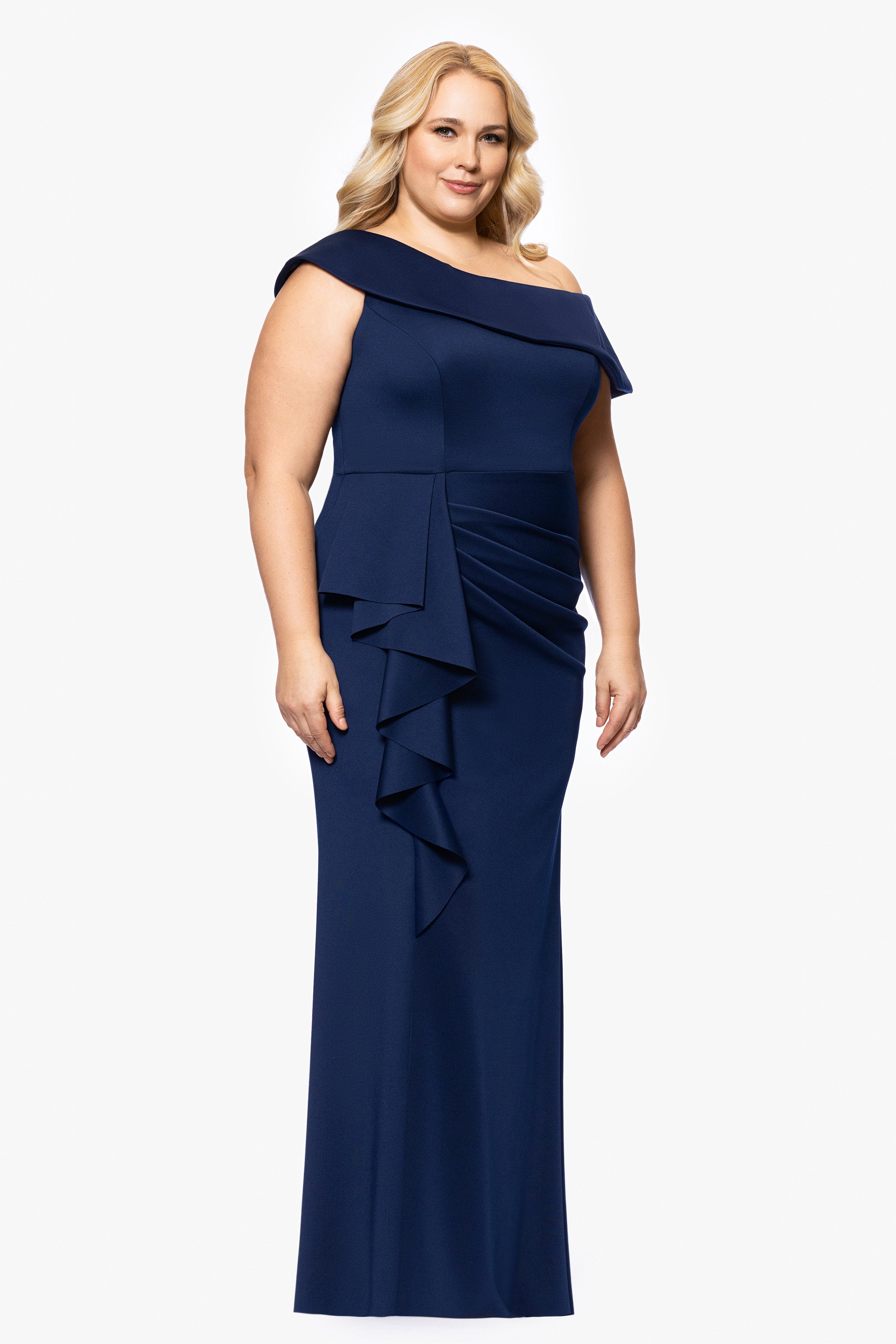 Plus "Valerie" Techno Scuba Off the Shoulder Ruffle Floor Length Dress