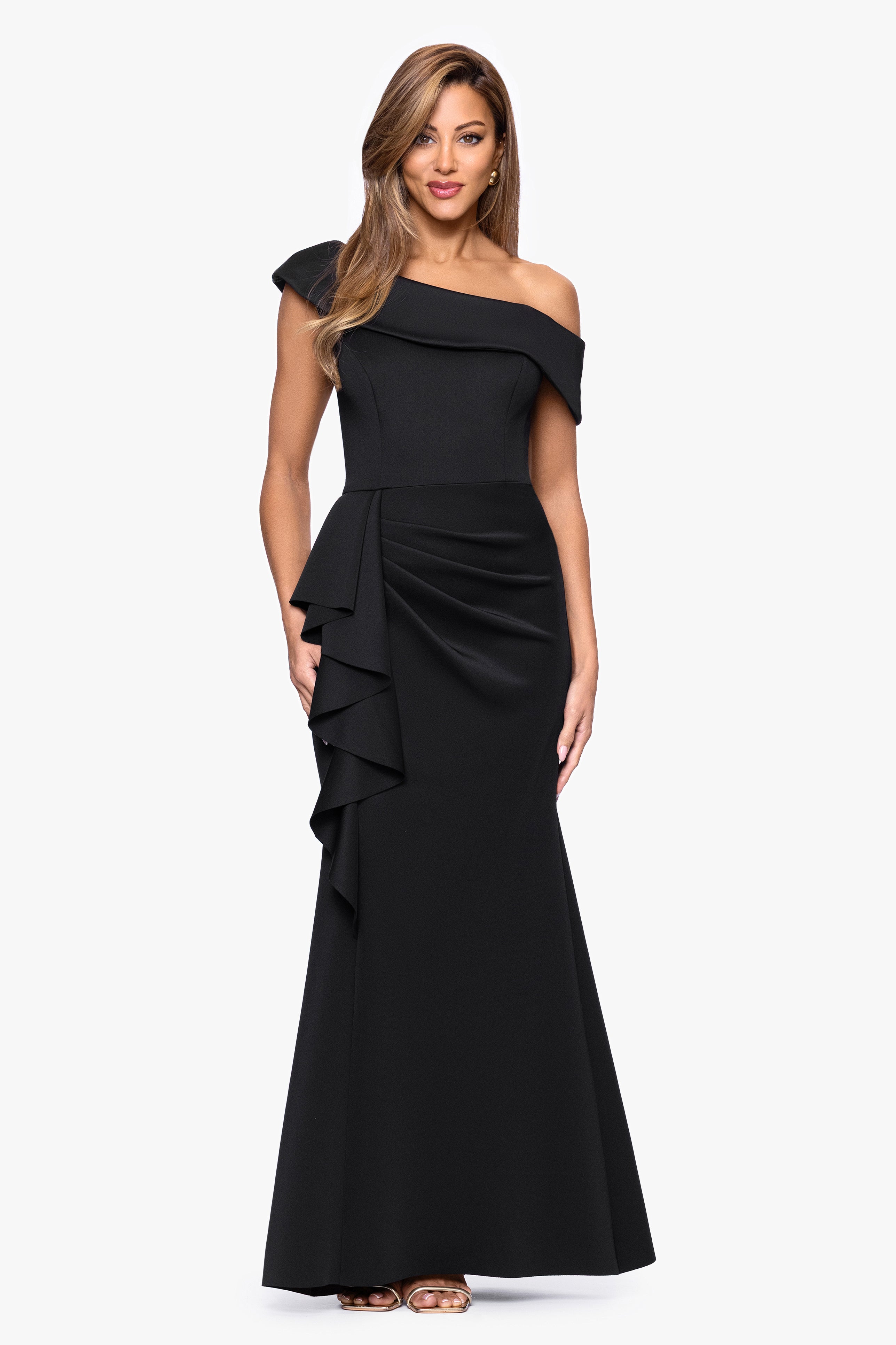 "Valerie" Techno Scuba Off the Shoulder Ruffle Floor Length Dress