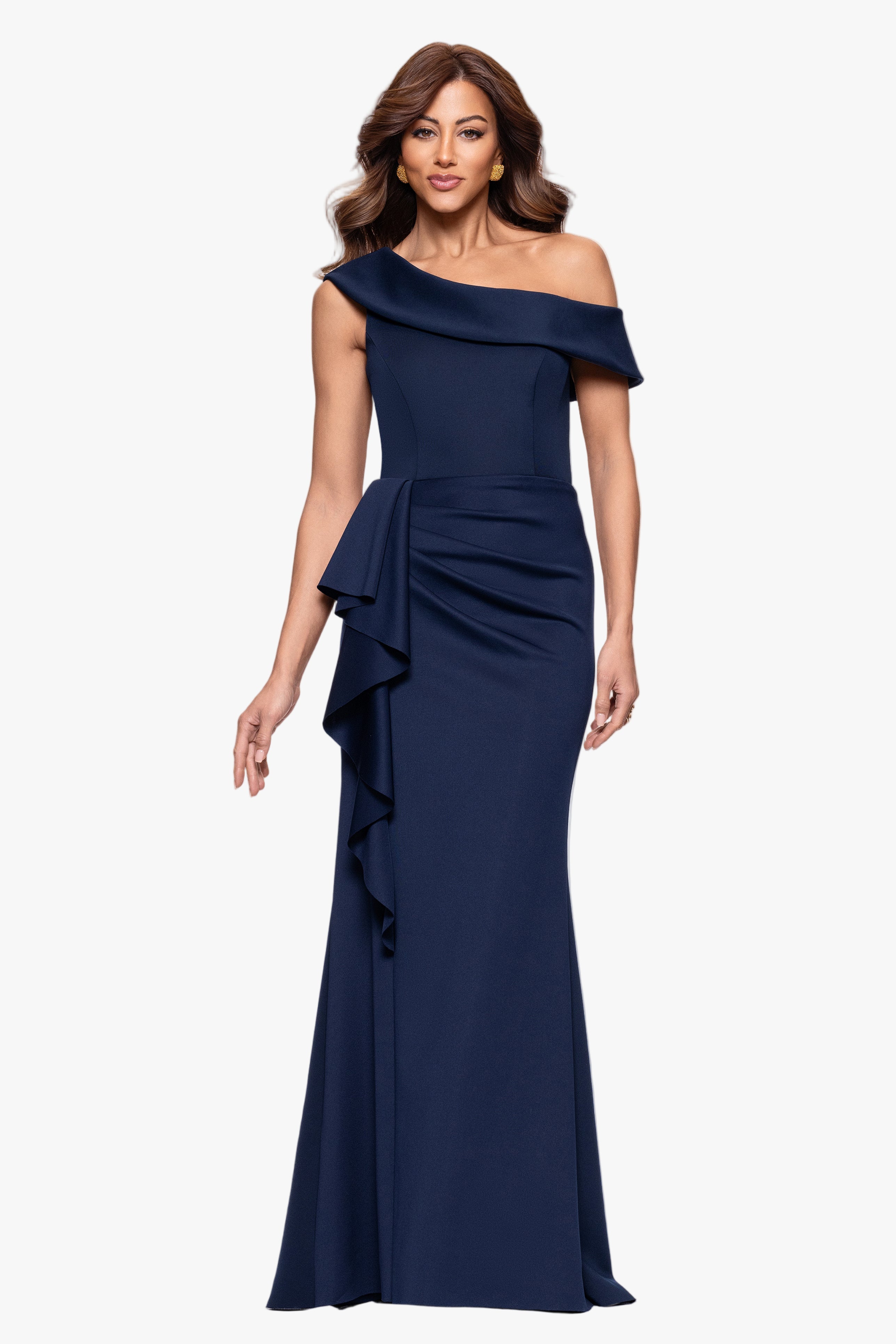 "Valerie" Techno Scuba Off the Shoulder Ruffle Floor Length Dress