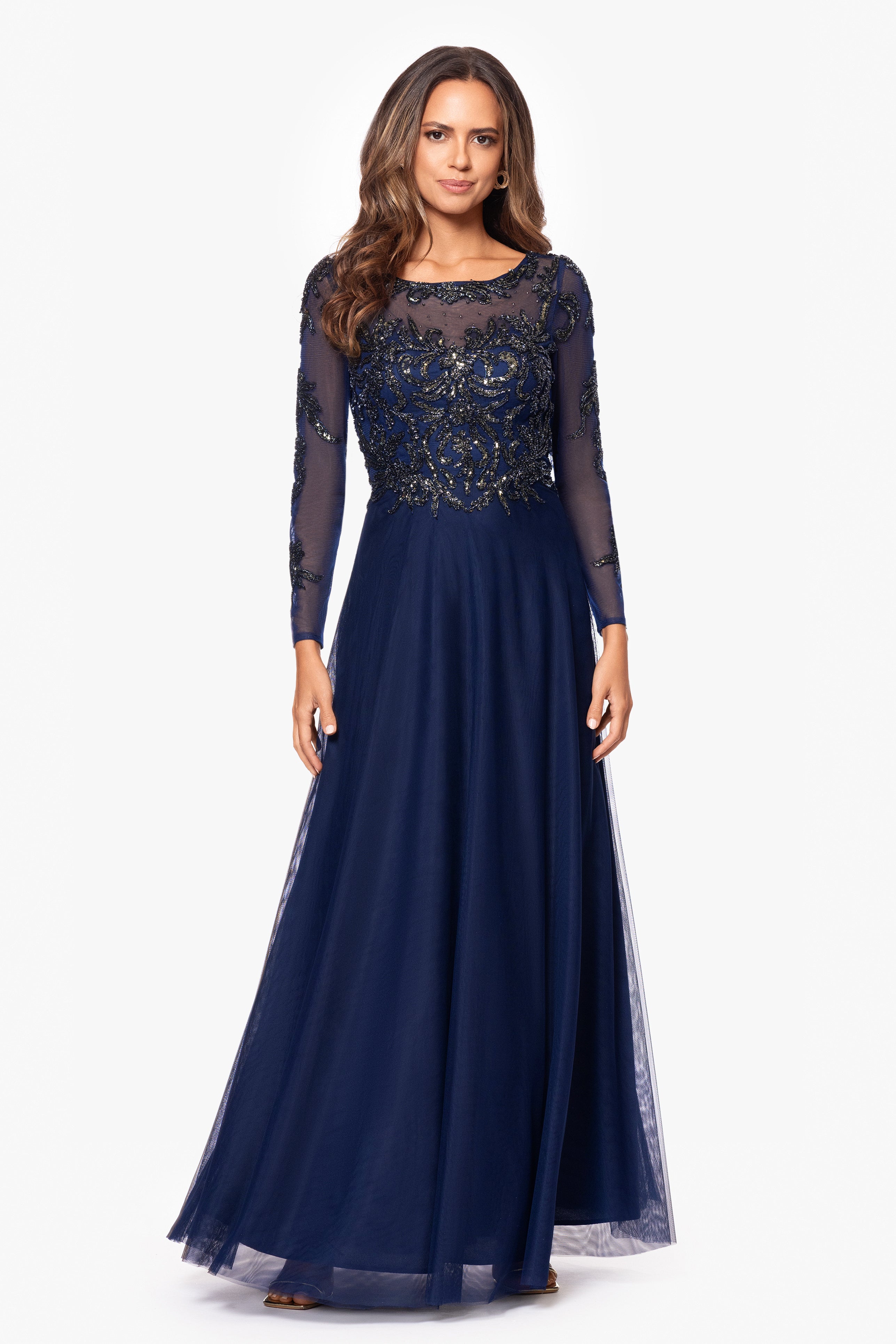 "Ana" Long Sleeve Beaded Mesh Applique Floor Length Gown