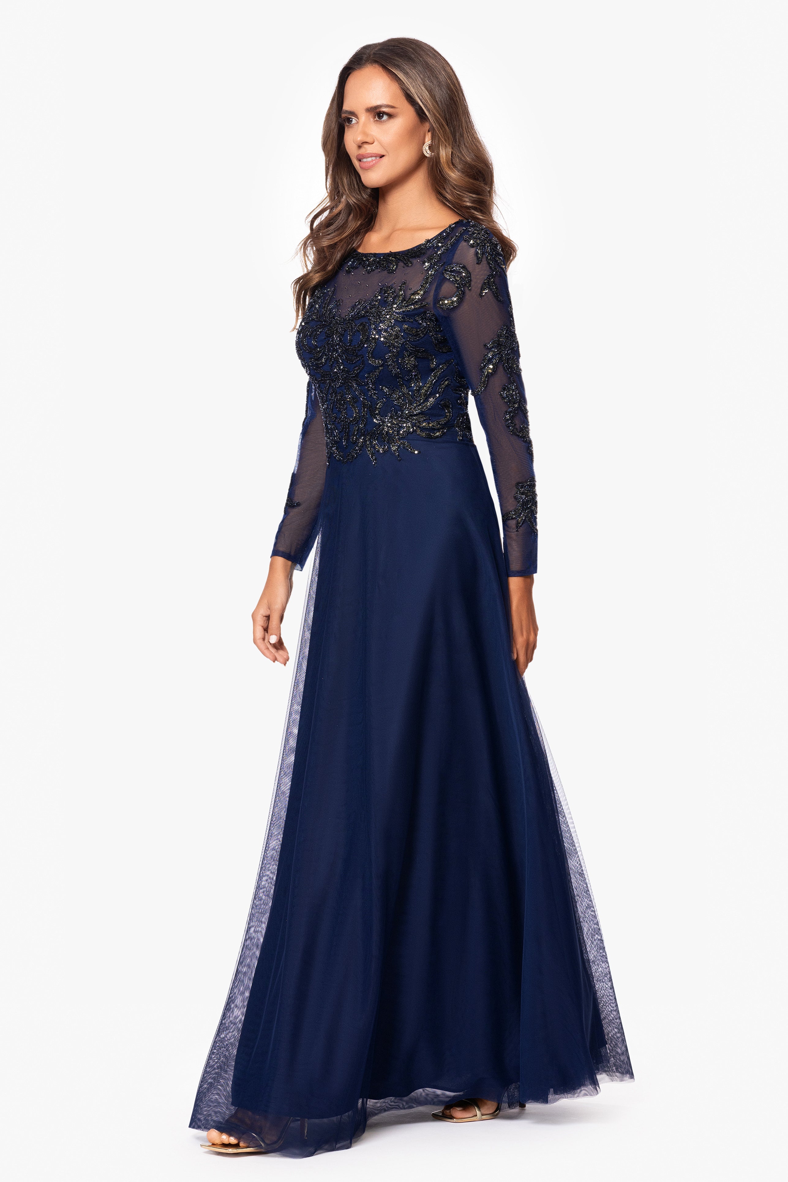 "Ana" Long Sleeve Beaded Mesh Applique Floor Length Gown