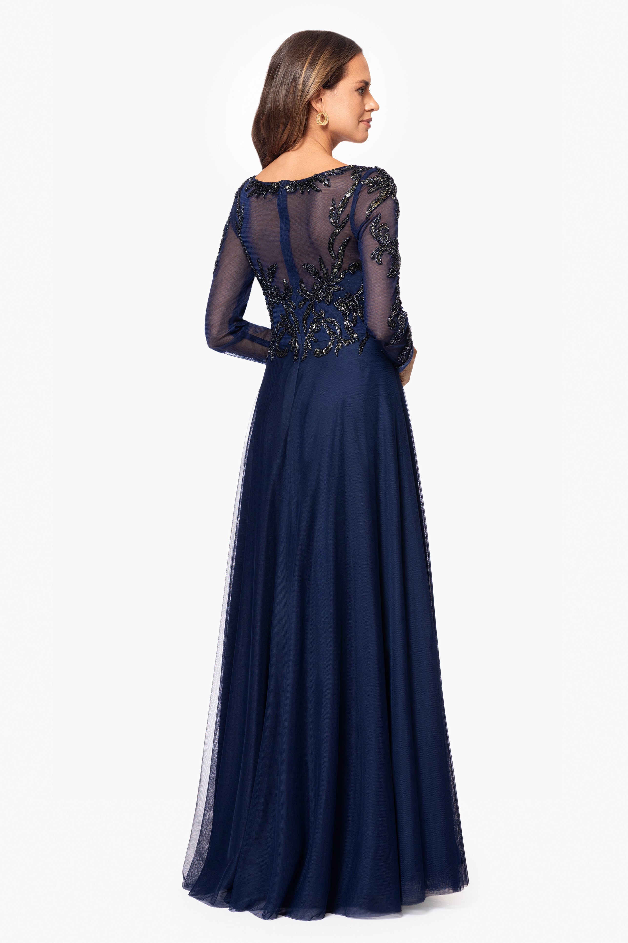 "Ana" Long Sleeve Beaded Mesh Applique Floor Length Gown