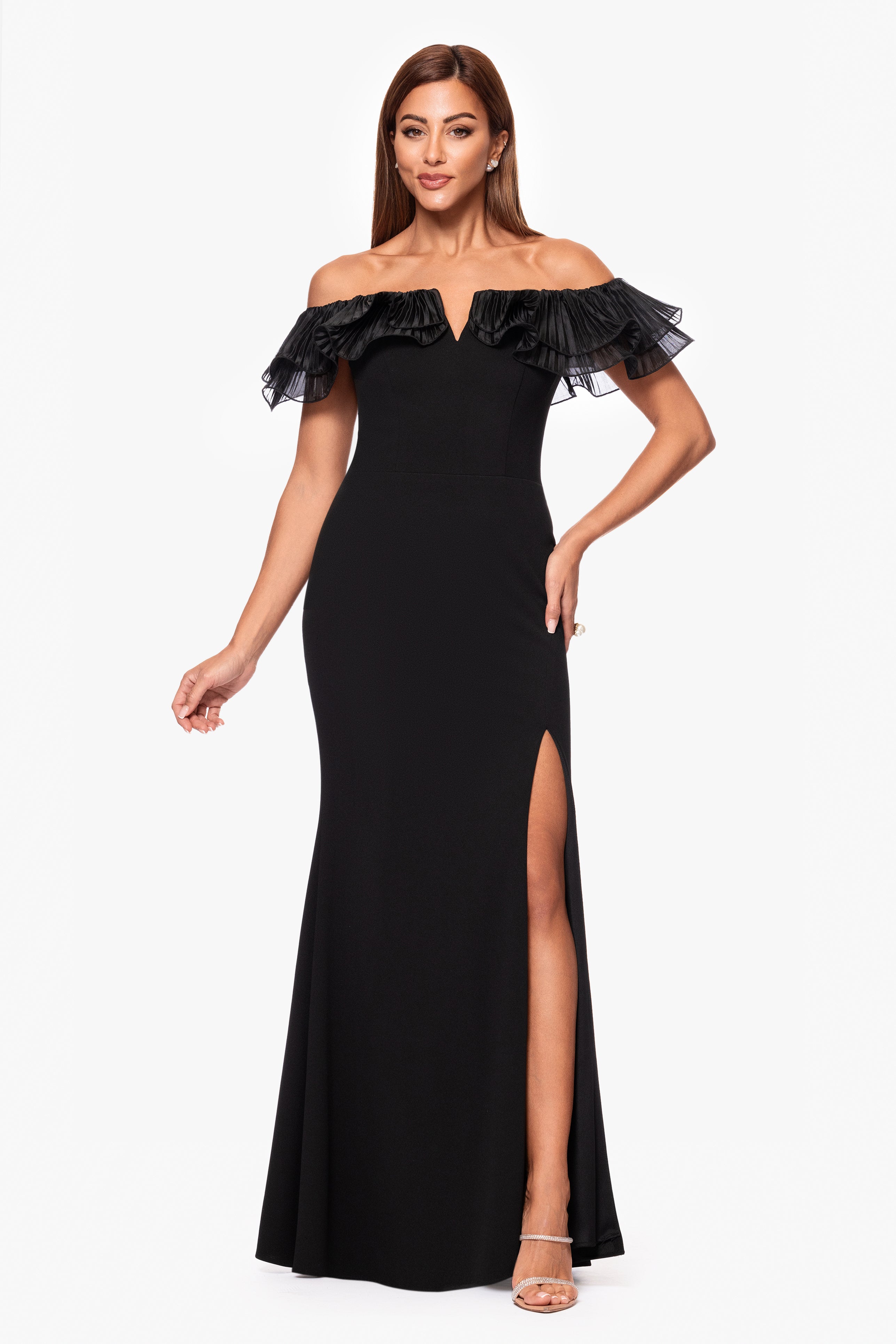 "Ashley" Scuba Crepe Off the Shoulder Organza Ruffle Floor Length Dress