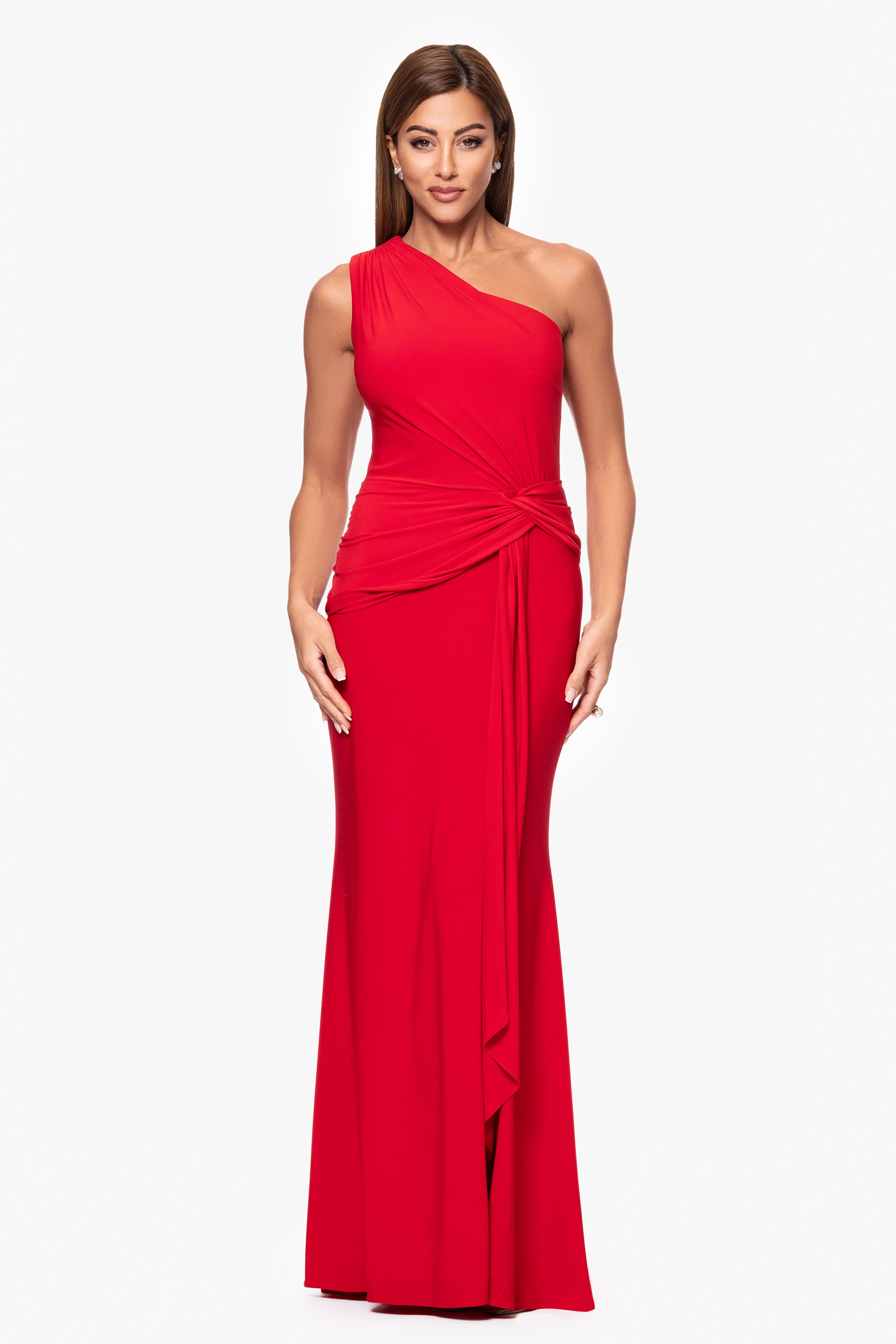 Petite "Nara" Jersey Knit One Shoulder Rouched Floor Length Dress