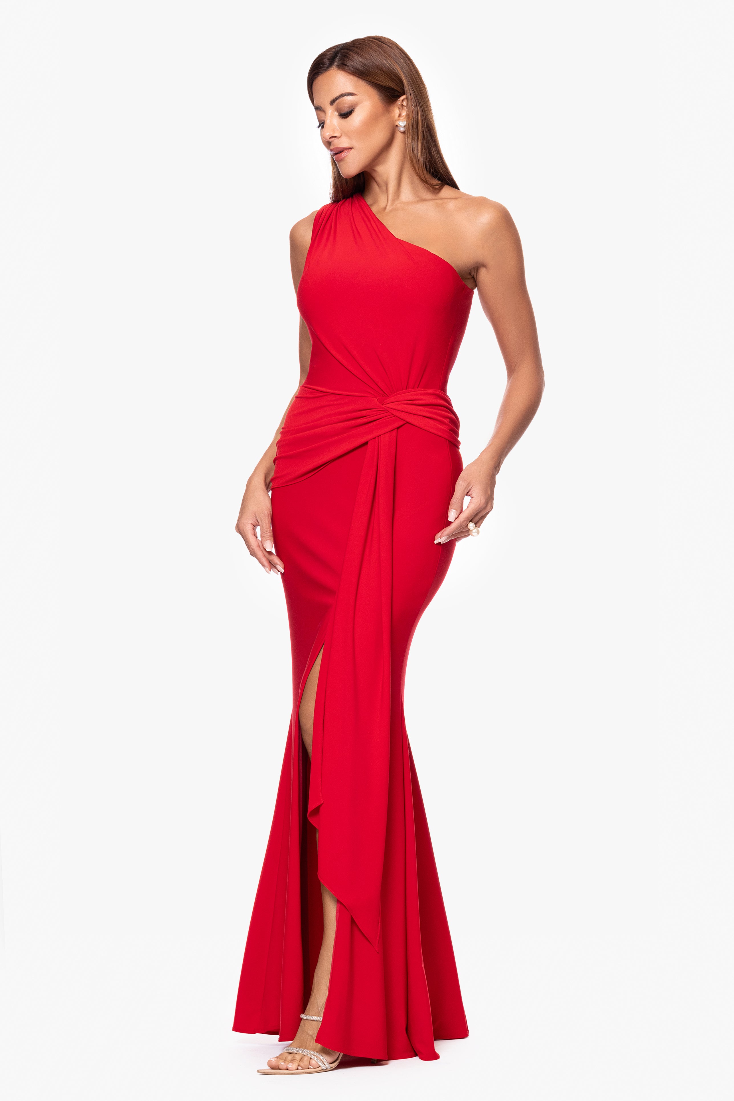 Petite "Nara" Jersey Knit One Shoulder Rouched Floor Length Dress